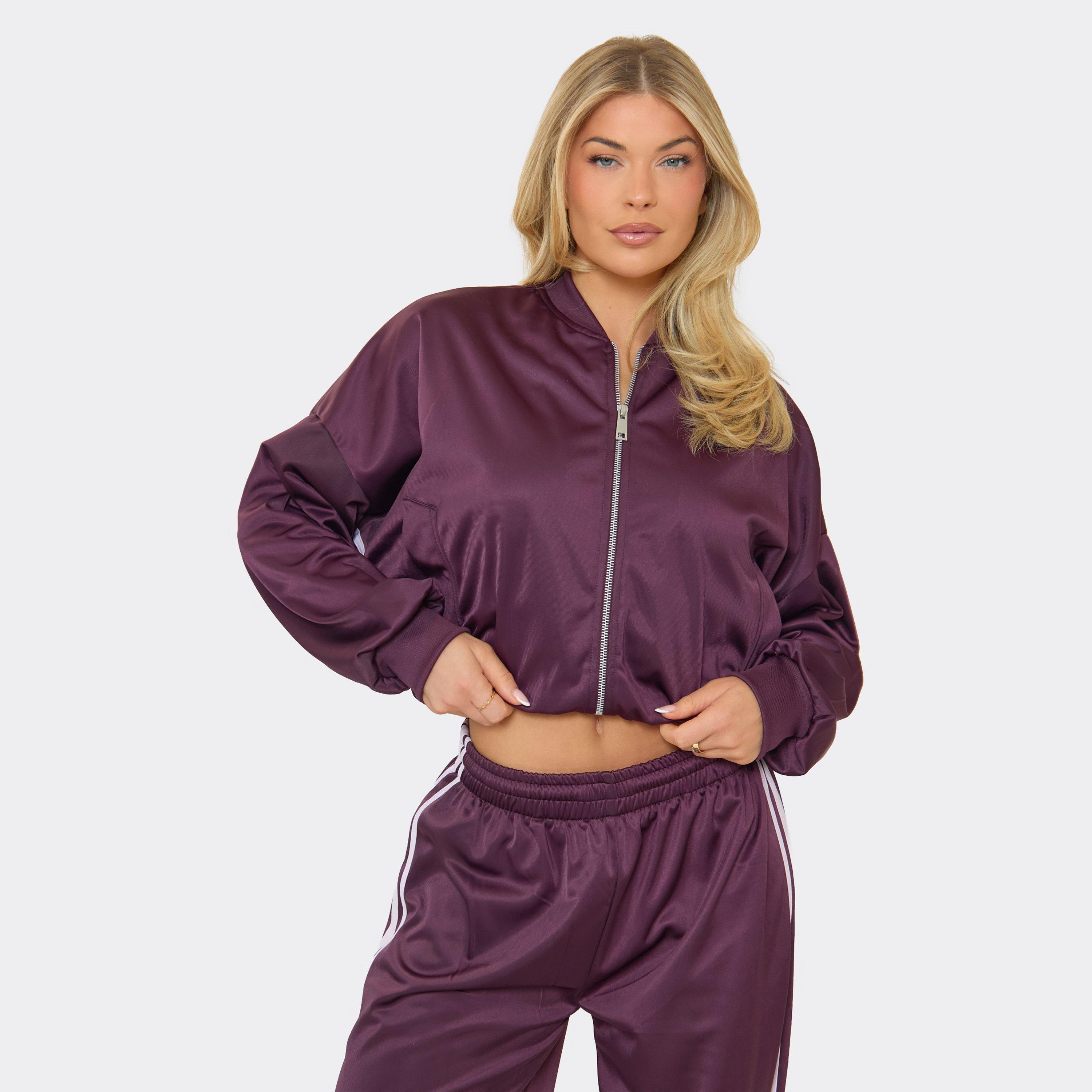 Side Stripe Zip Up Track Jacket In Plum, Women's Size UK 14