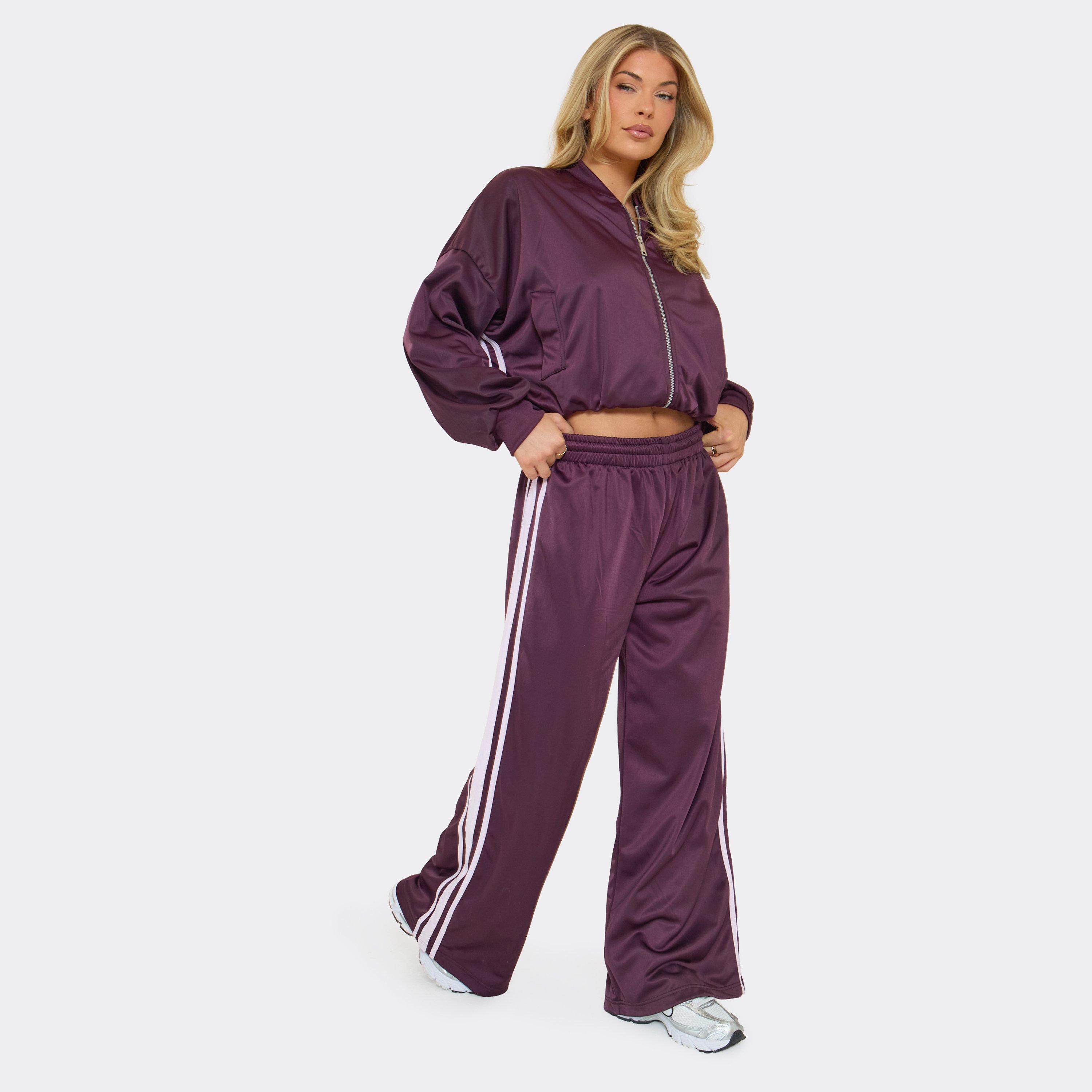 Mid Rise Side Stripe Wide Leg Track Pants In Plum, Women’s