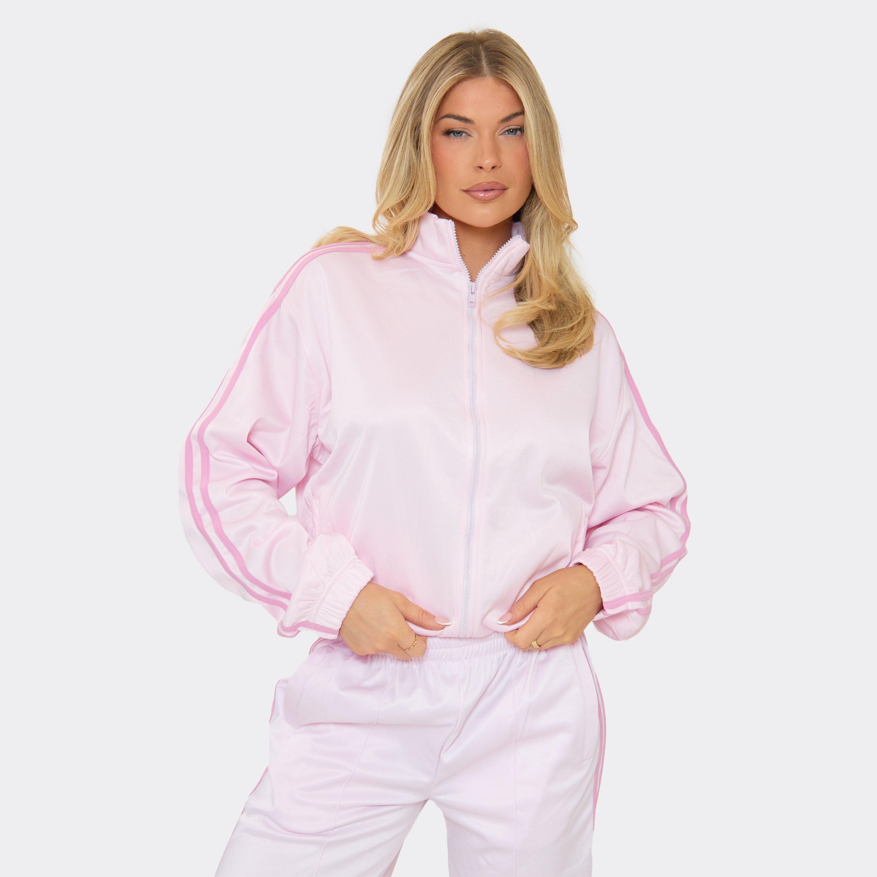 Side Stripe Zip Up Track Jacket In Pink, Women's Size UK 14