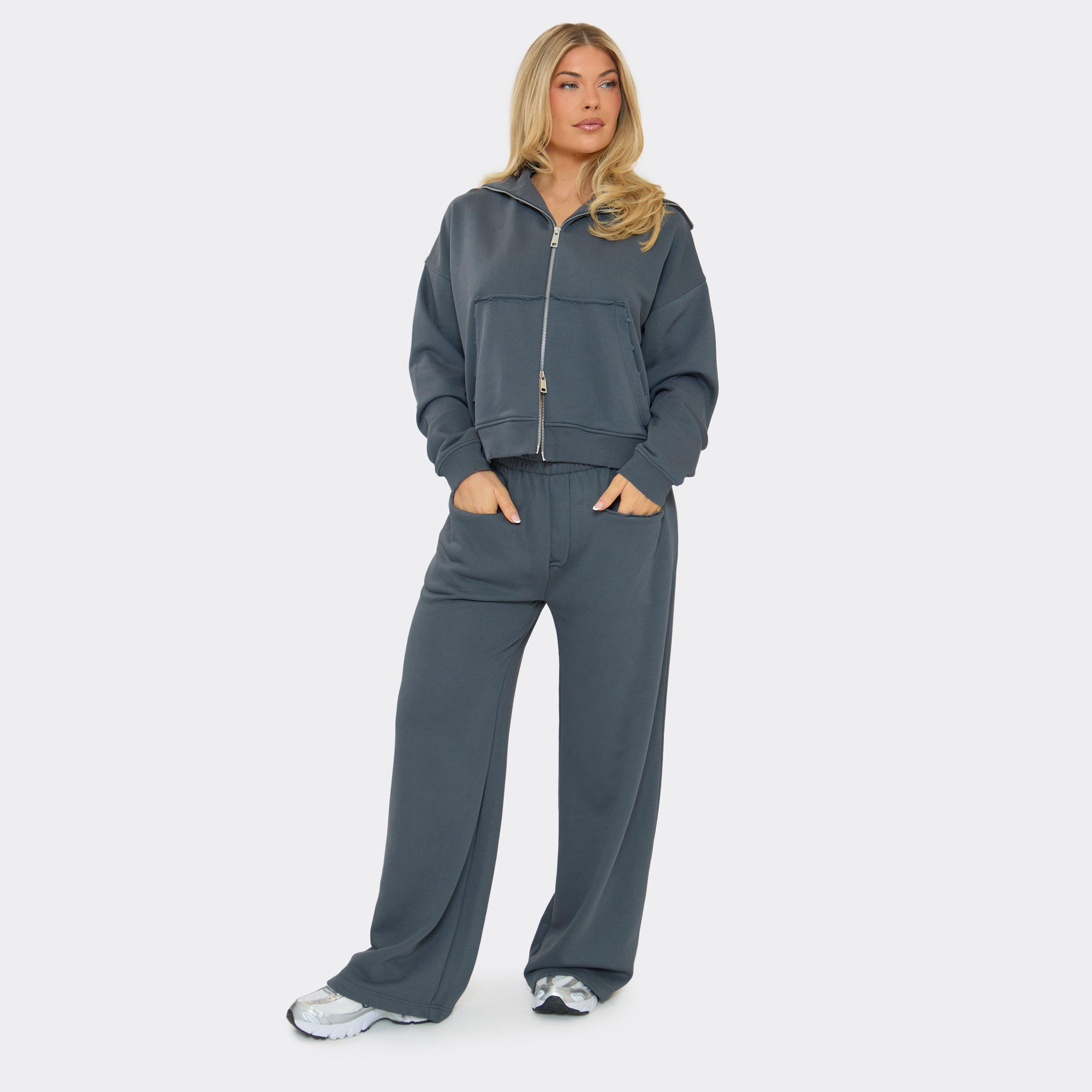 Mid Rise Pocket Detail Wide Leg Joggers In Steel Blue, Women's Size UK 12