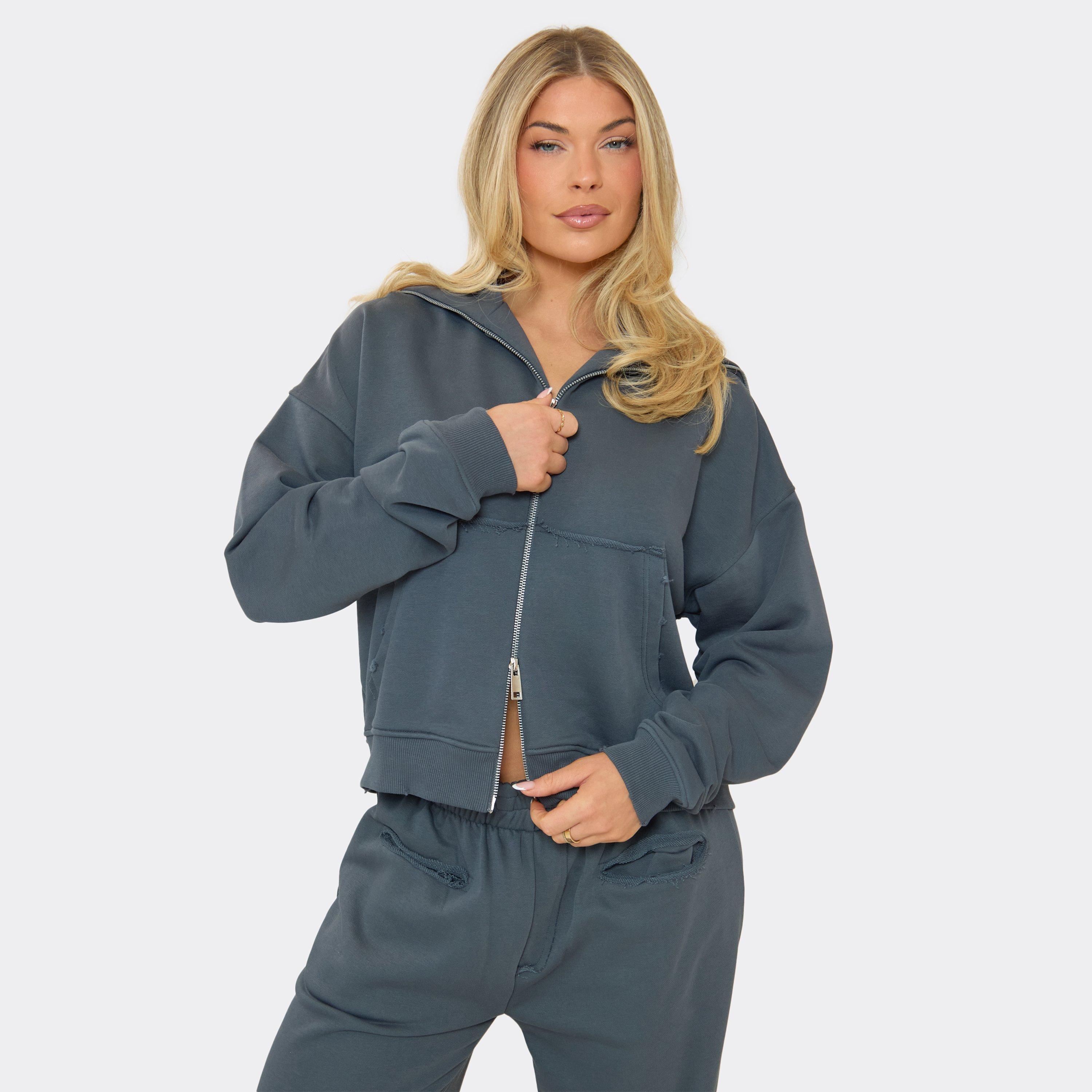 Image of Oversized Collared Double Zip Detail Sweatshirt In Steel Blue, Women's