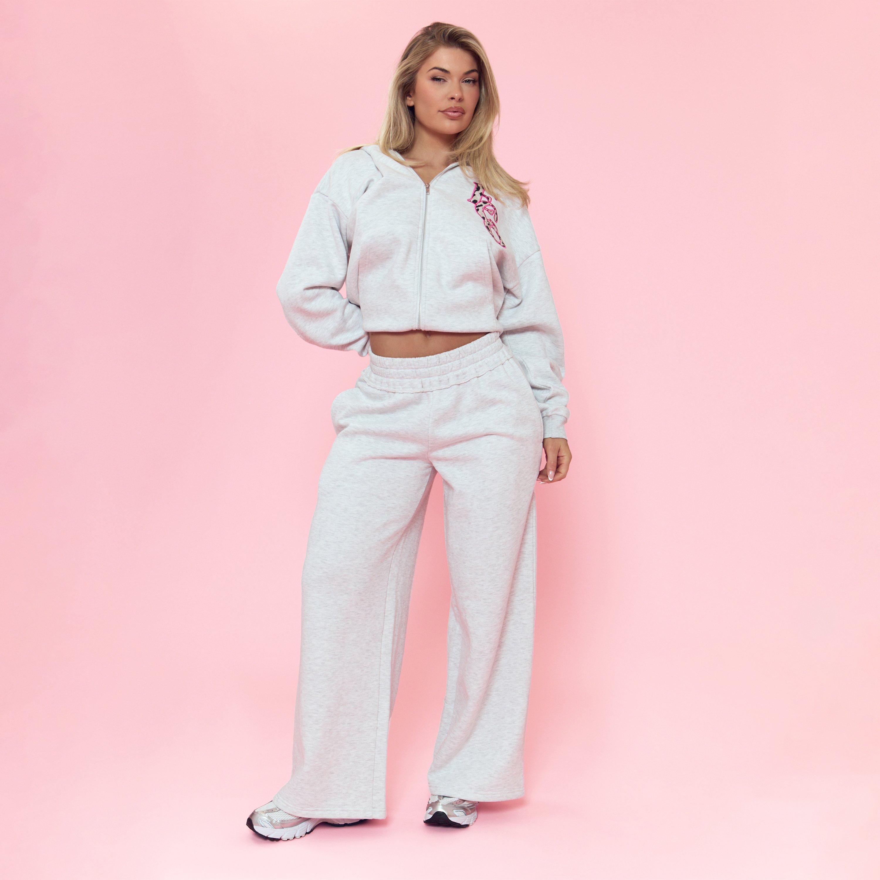 Low Rise Ego Leopard Print Graphic Wide Leg Joggers In Light Grey Marl, Women's Size UK 10