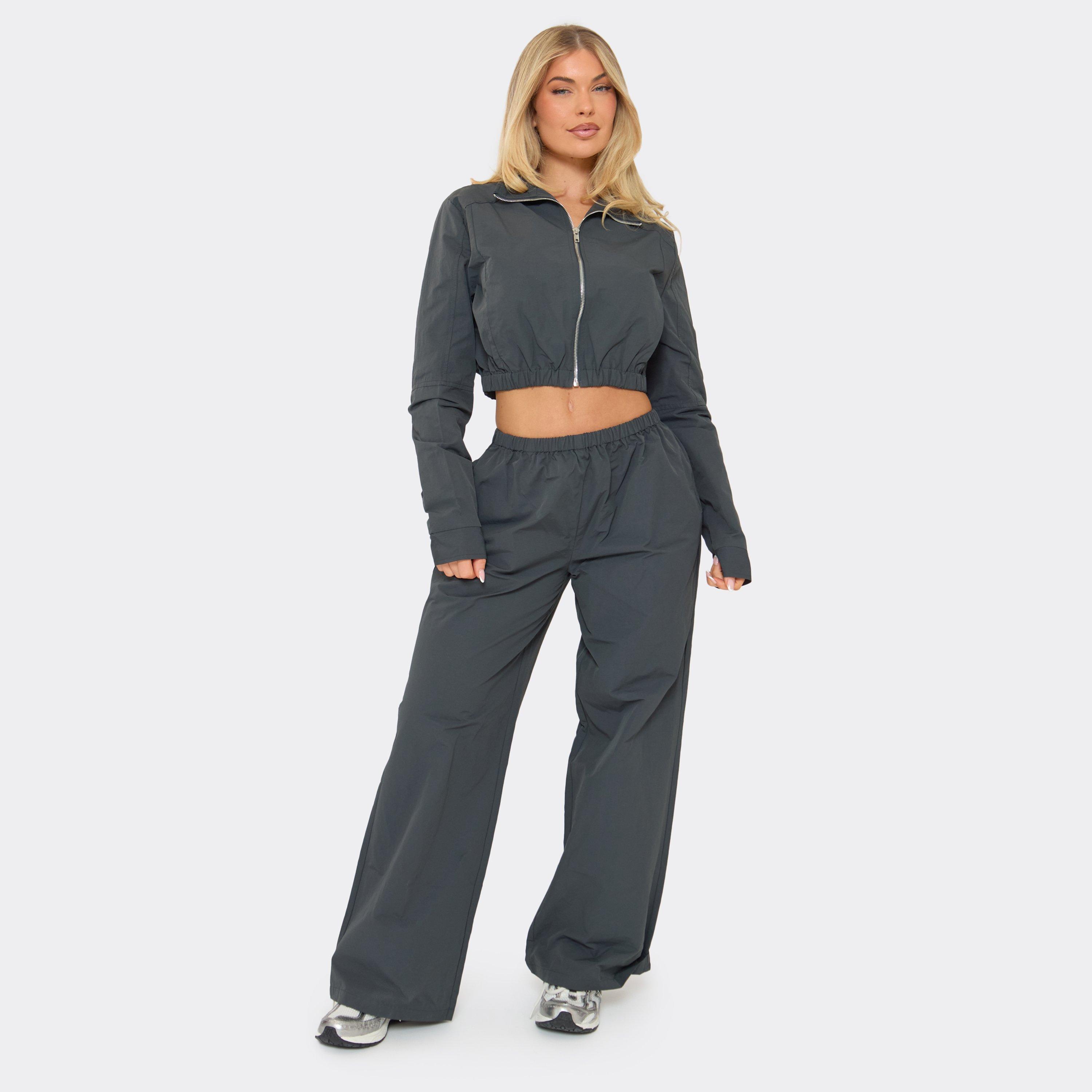 Low Rise Elastic Waist Wide Leg Joggers In Steel Blue Shell, Women’s