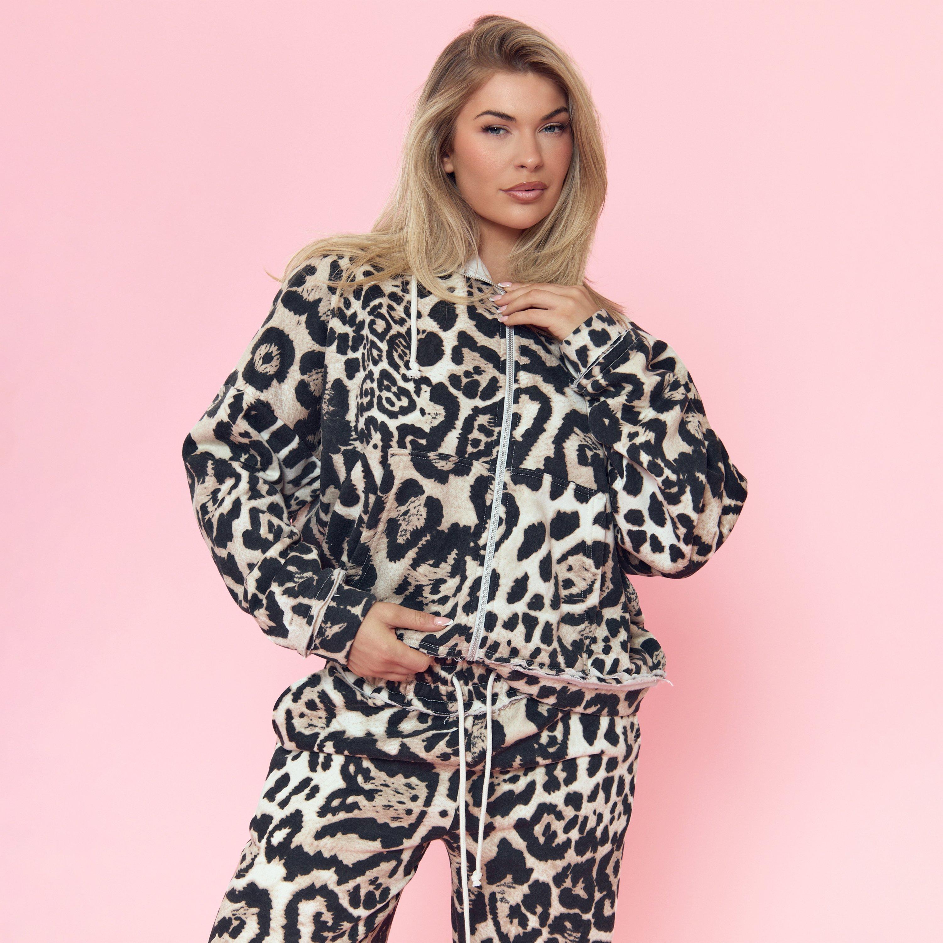 Zip Up Oversized Hoodie In Brown Leopard Print, Women’s