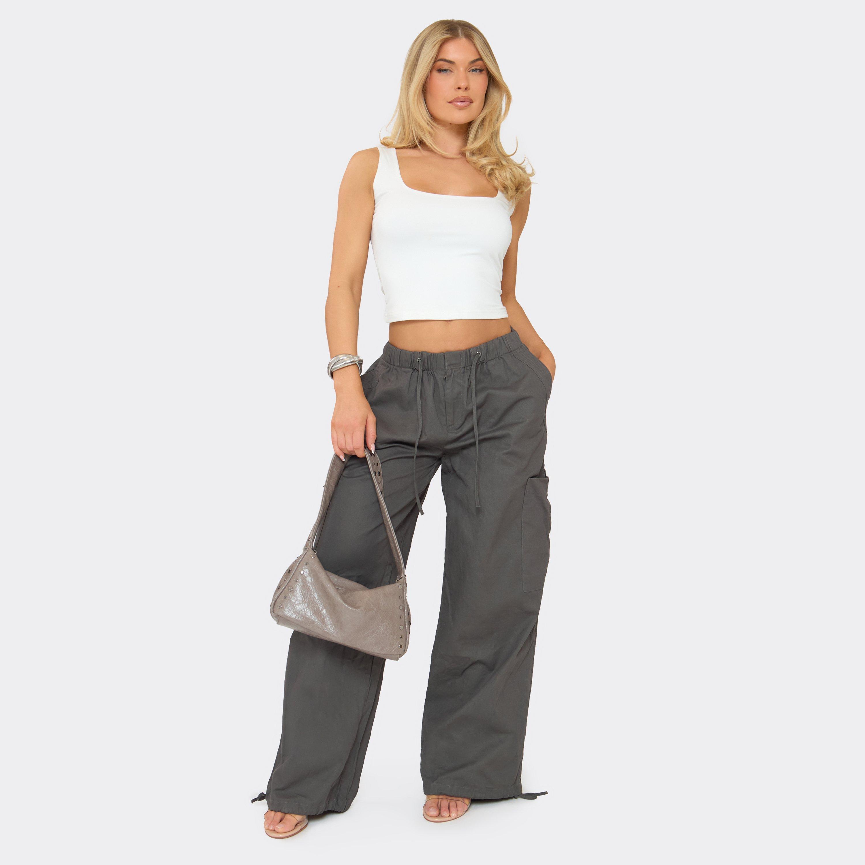 Mid Rise Utility Wide Leg Cargo Trousers In Charcoal Grey, Women's Size UK 6
