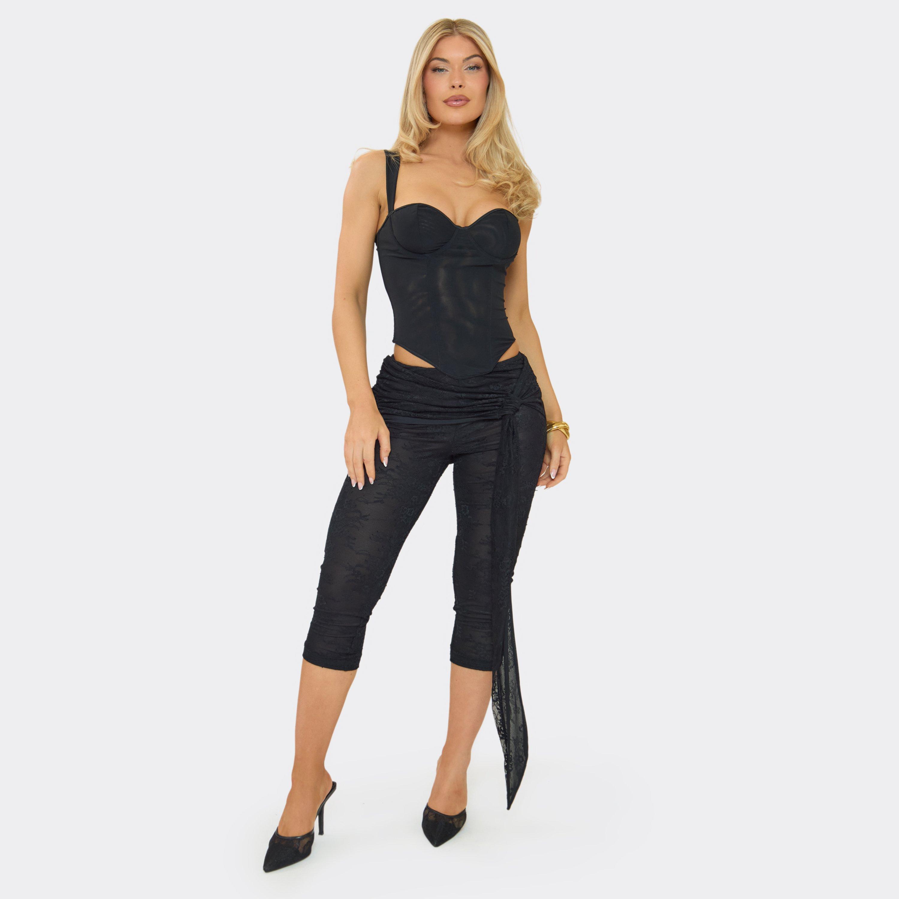 Mid Rise Wrap Drape Detail Capri Trousers In Black Lace, Women's Size UK 8