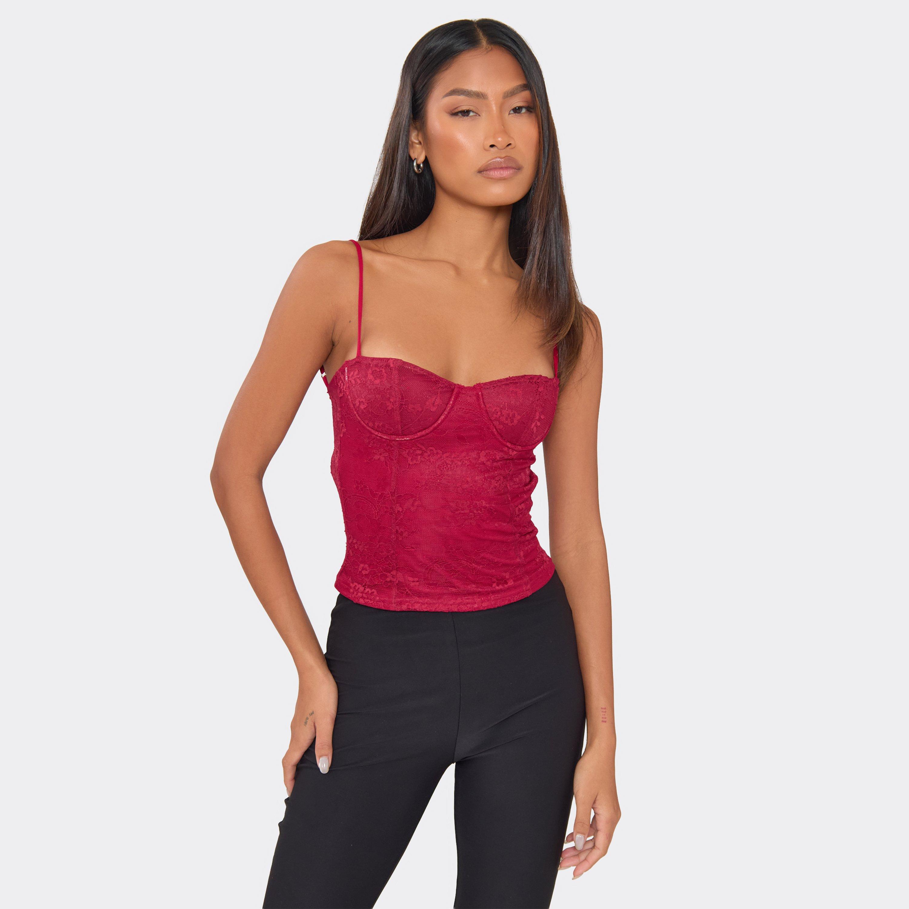 Lace Cup Detail Corset Top In Burgundy, Women's Size UK 10