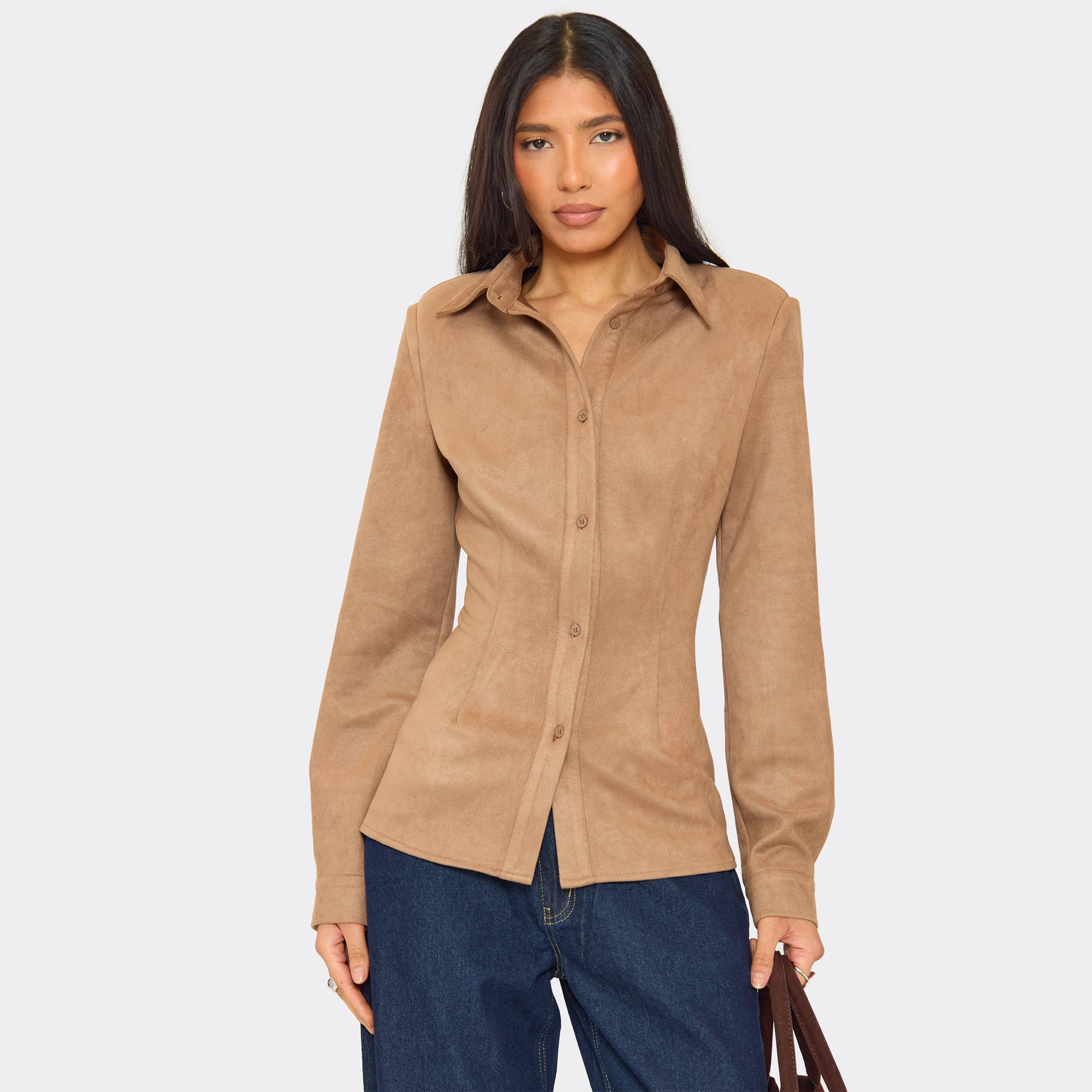 Image of Shoulder Pad Cinched Button Down Shirt In Beige Faux Suede, Women's