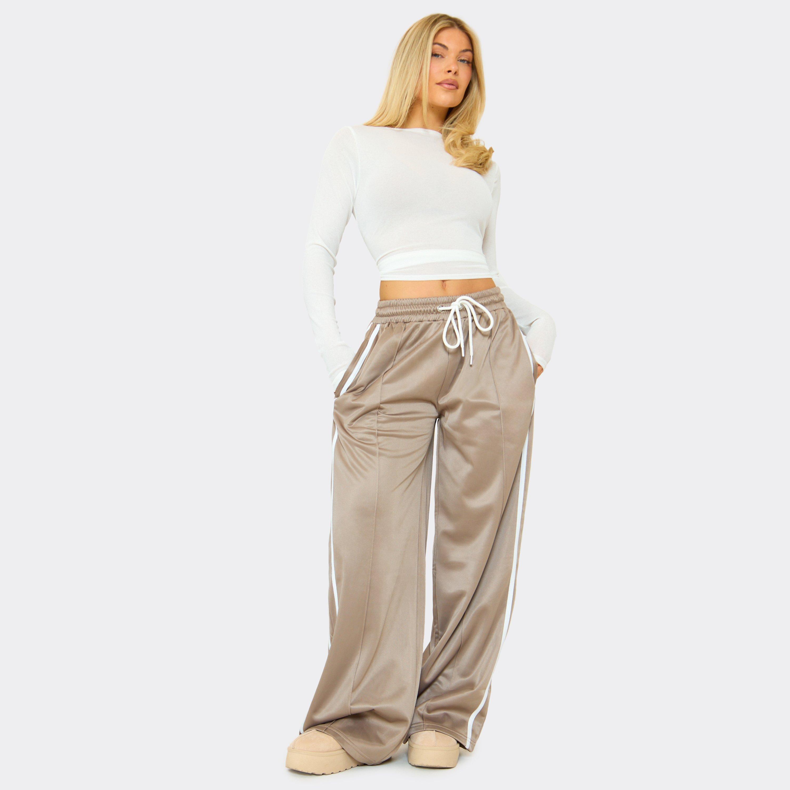 Drawstring Waist Tricot Side Stripe Wide Leg Joggers In Beige, Women’s