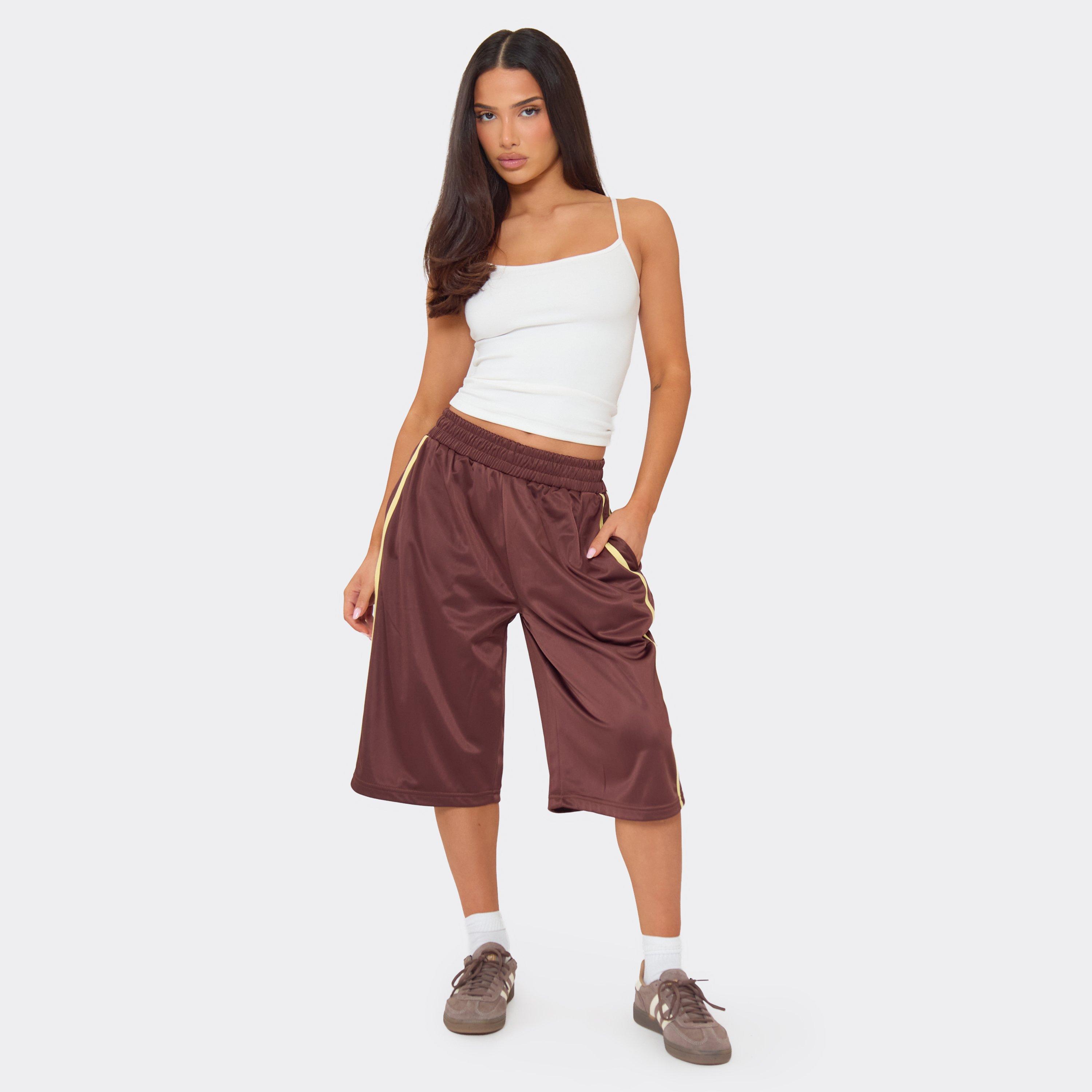 Drawstring Waist Tricot Side Stripe Jorts In Chocolate Brown, Women’s