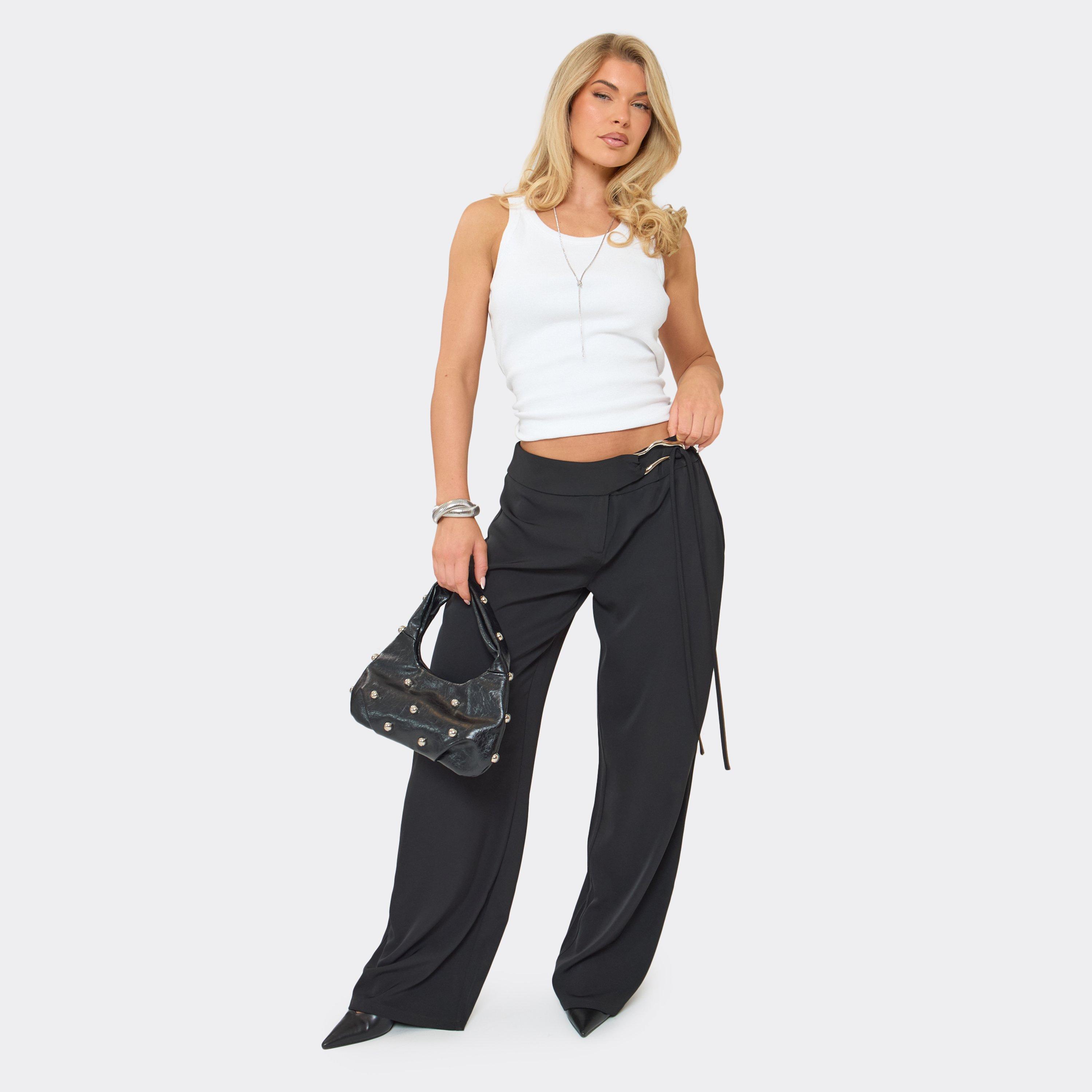 Image of Mid Rise Waistband Detail Wide Leg Trousers In Black, Women's
