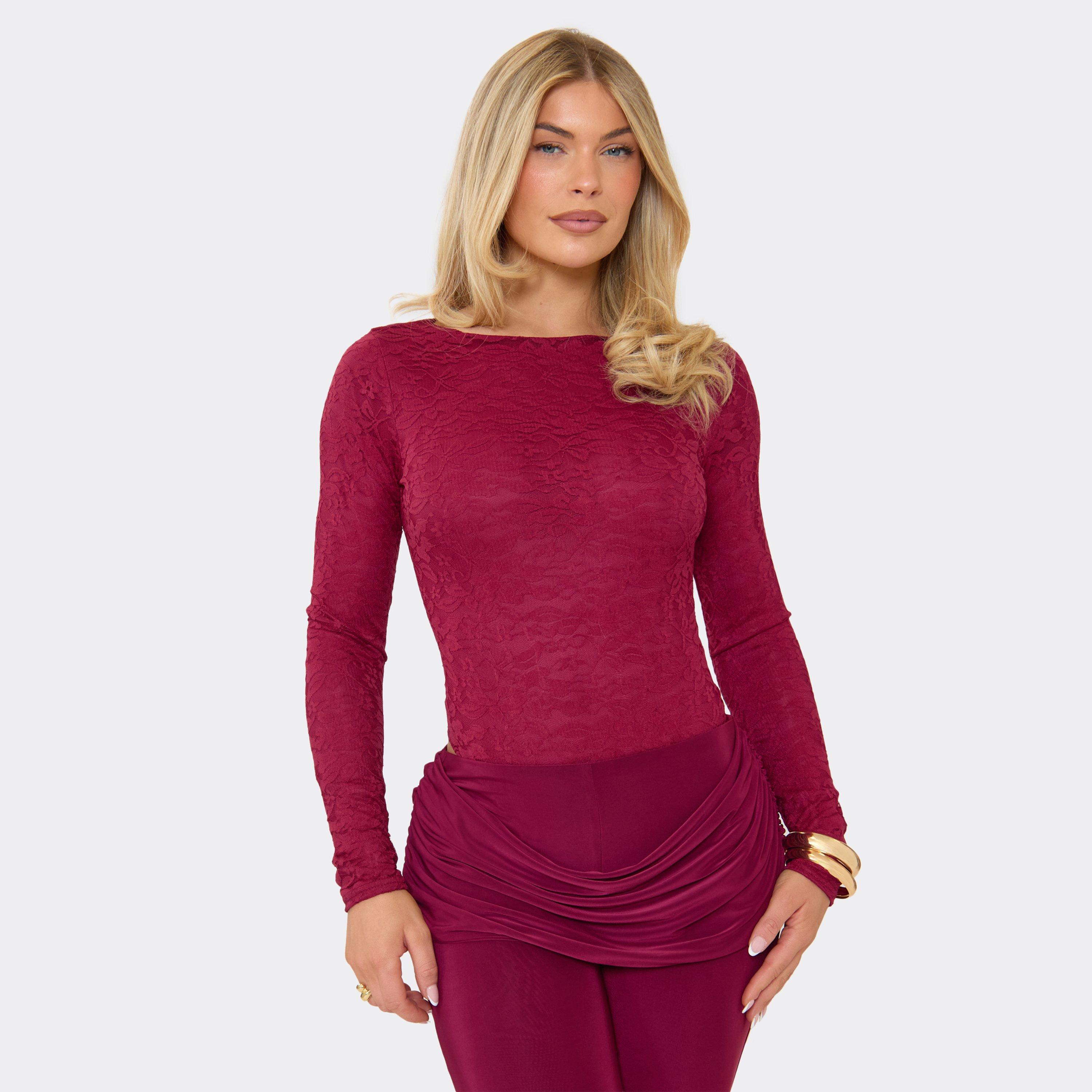 Long Sleeve Bodycon Bodysuit In Burgundy Lace, Women's Size UK 6