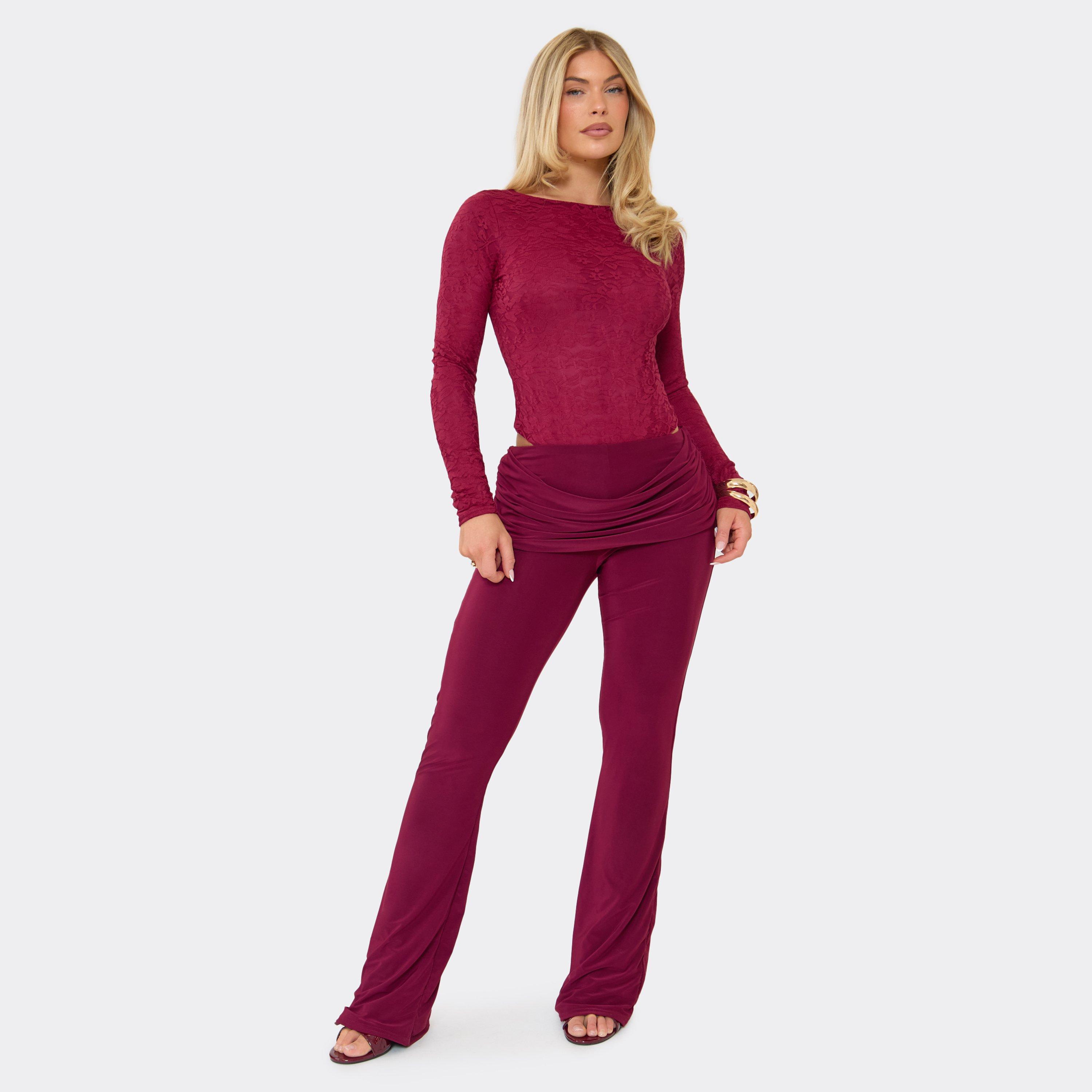 Image of Mid Rise Ruched Drape Detail Flare Trousers In Burgundy Slinky, Women's