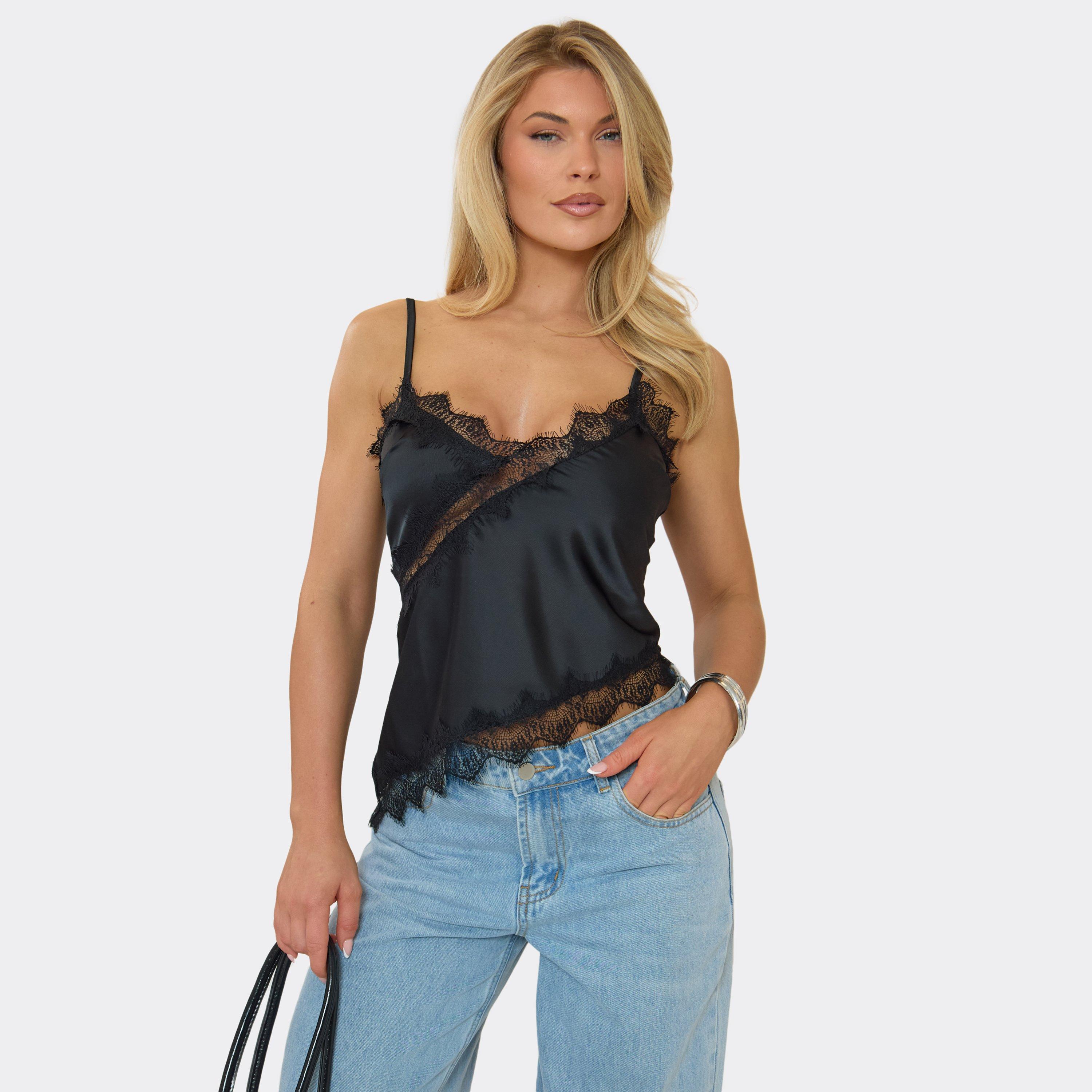 Strappy Asymmetric Hem Lace Detail Cami Top In Black Satin, Women's Size UK 10