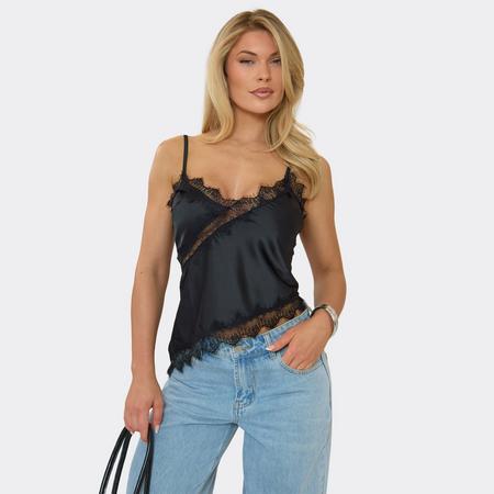 Strappy Asymmetric Hem Lace Detail Cami Top In Black Satin, Women's Size US