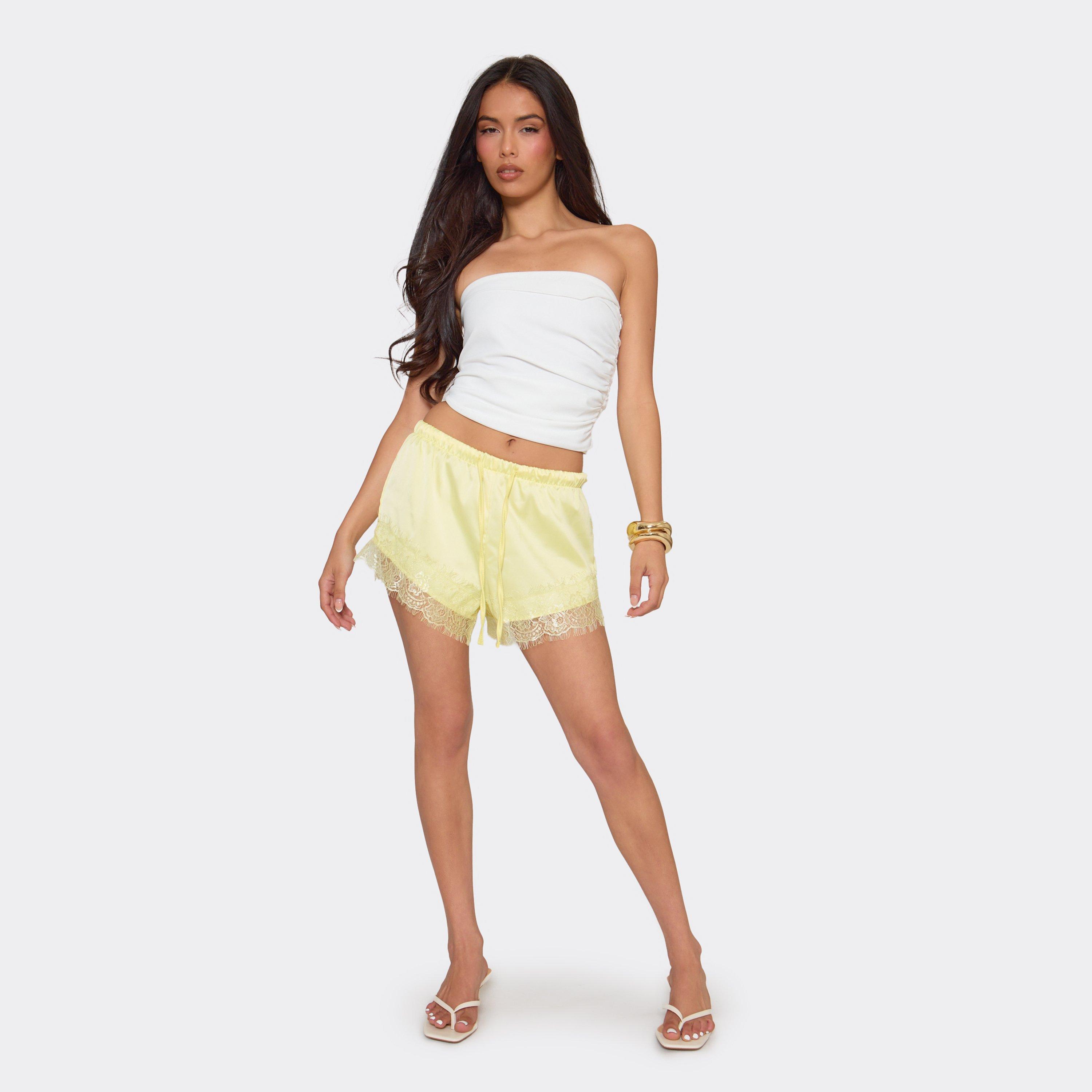 Mid Rise Lace Trim Shorts In Lemon Satin, Women's Size UK 12