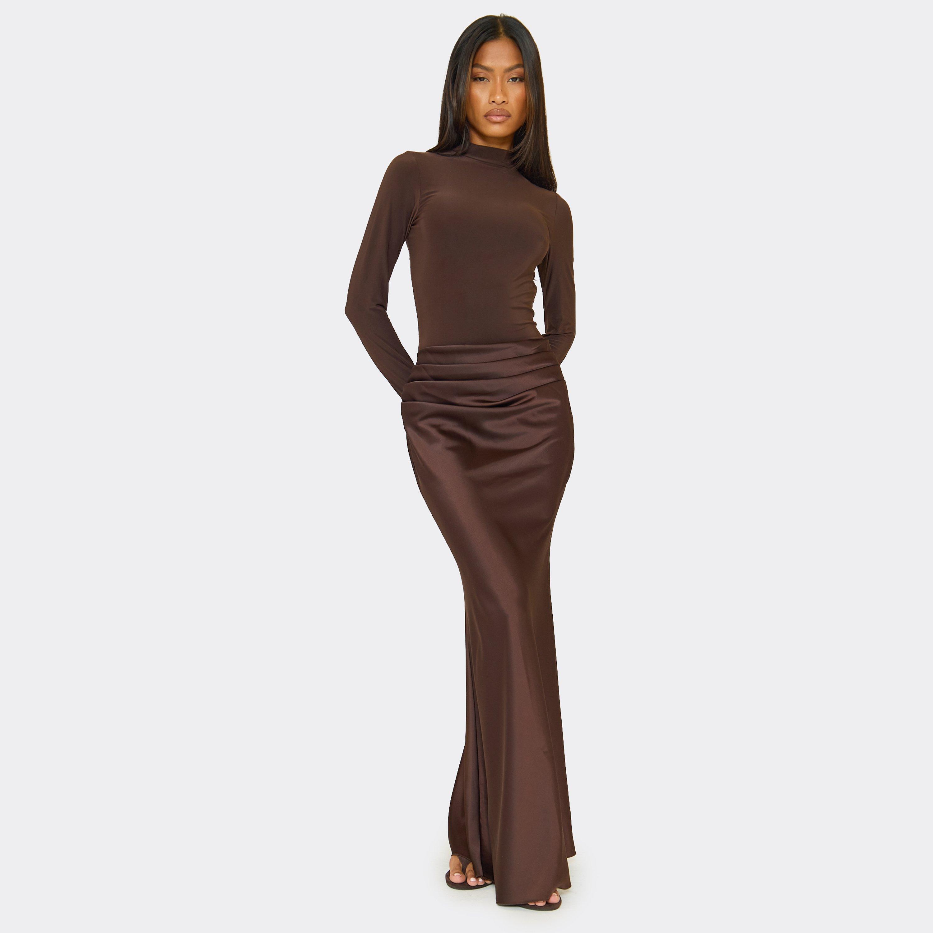 Mid Rise Ruched Draped Front Maxi Skirt In Chocolate Brown Satin, Women's Size UK 8