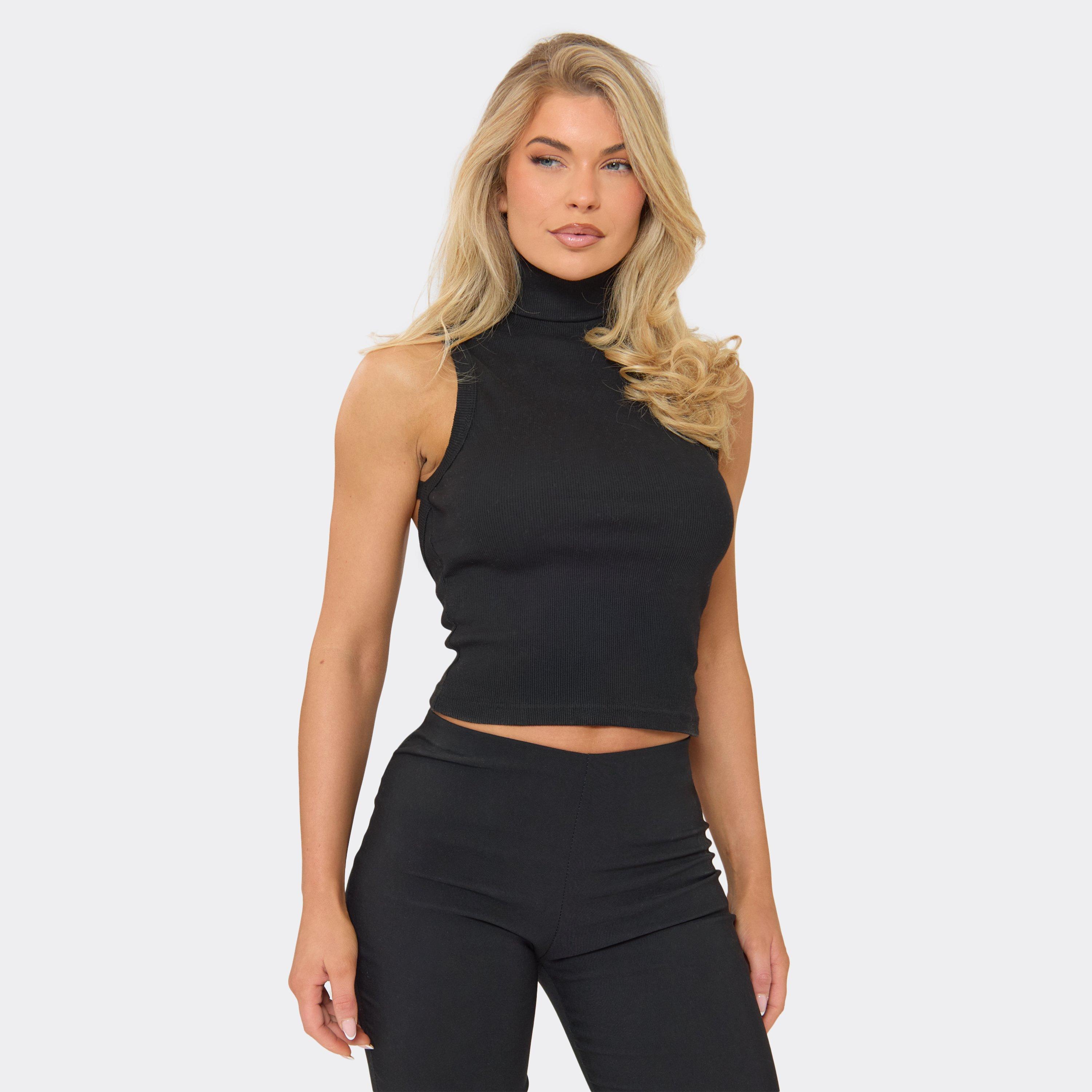 High Neck Backless Detail Top In Black Rib, Women's Size UK 8