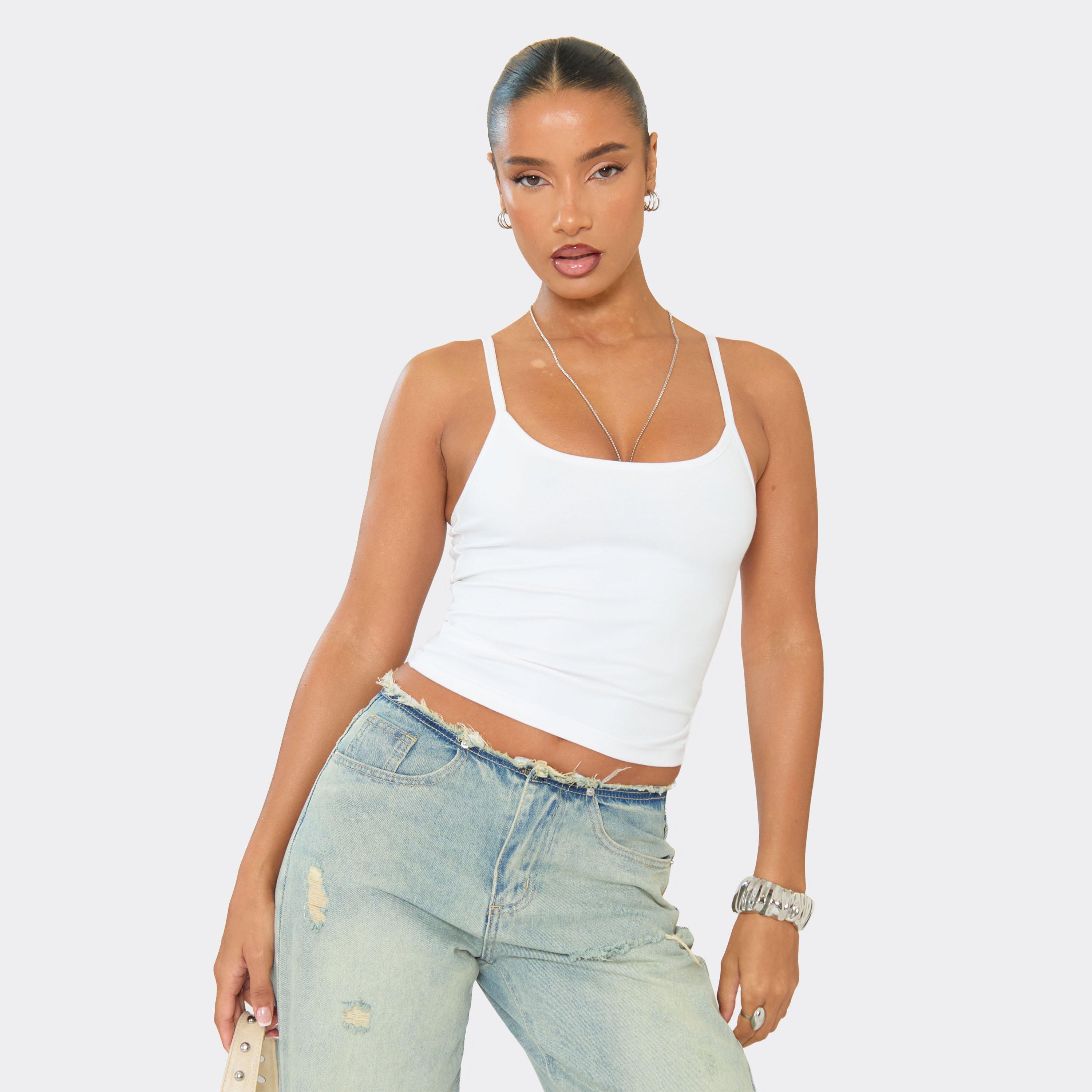 Strappy Scoop Neck Vest Top In White Cotton, Women's Size UK 4