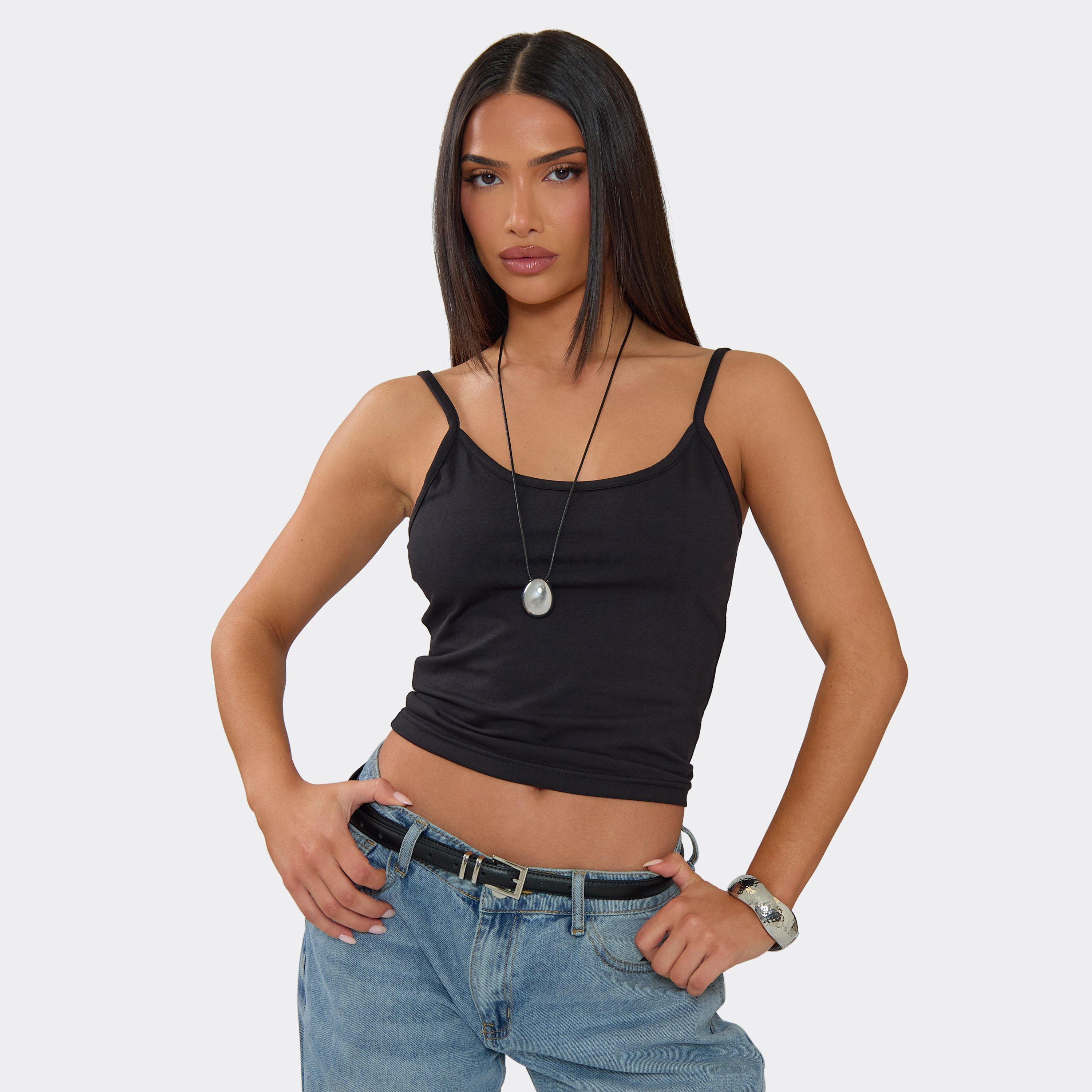 Image of Strappy Scoop Neck Vest Top In Black Cotton, Women's