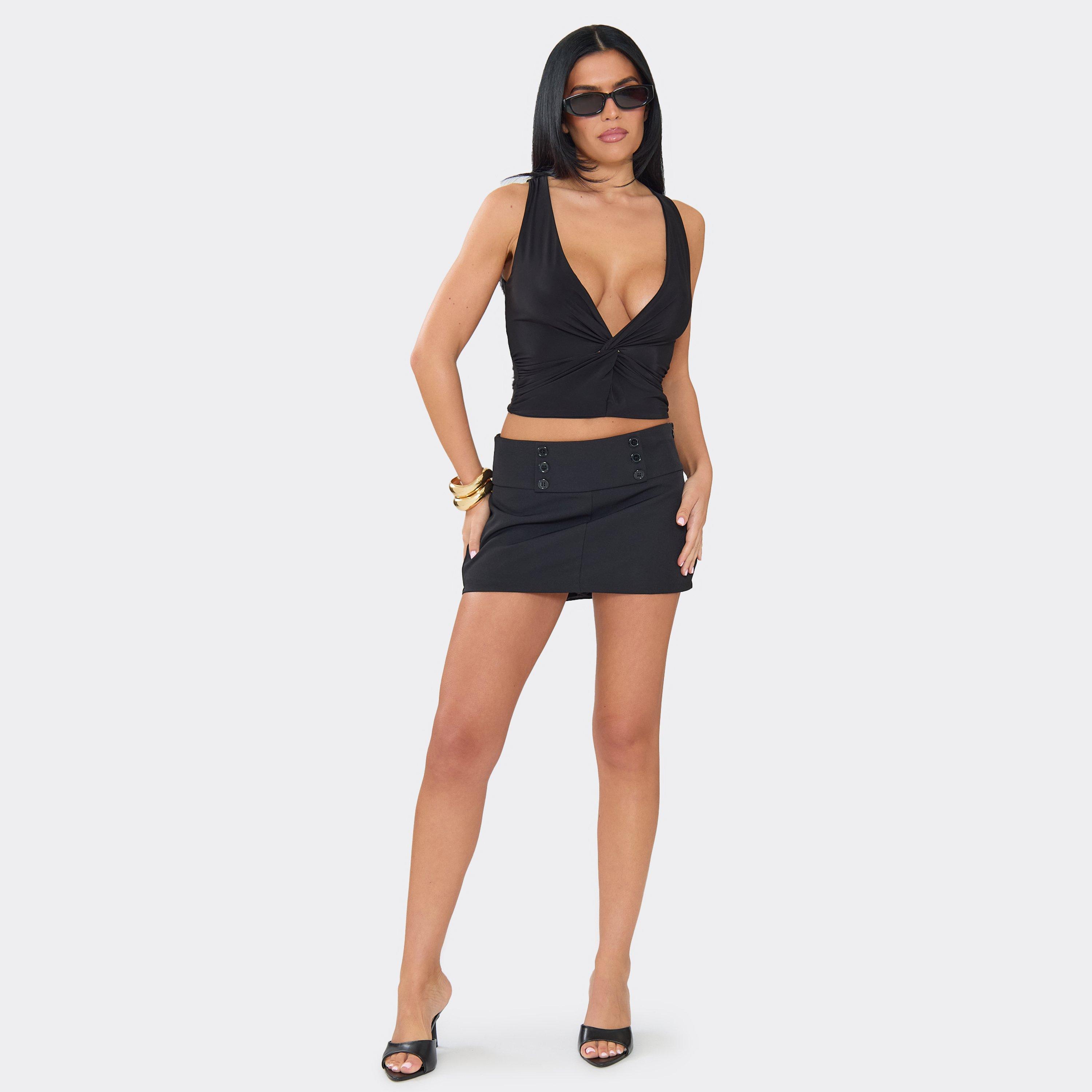 Low Rise Button Front Tailored Skort In Black Woven, Women's Size UK 12