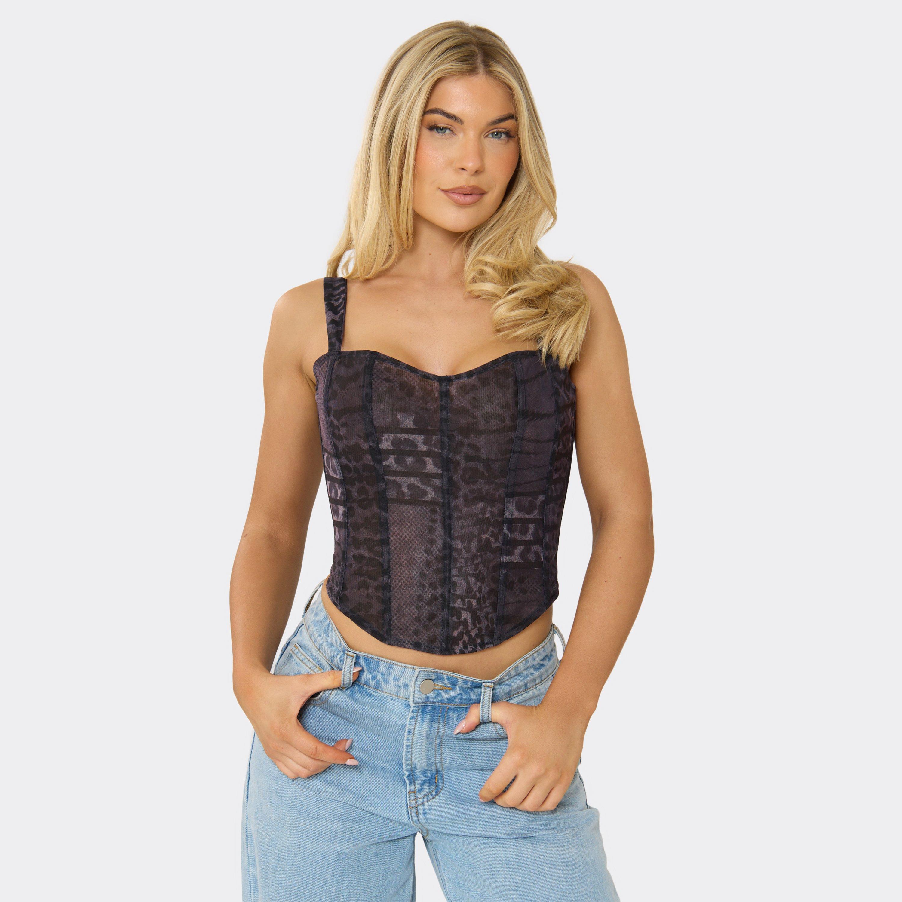 Strappy Sweetheart Neck Lace Up Back Detail Corset In Animal Print, Women's Size UK 14