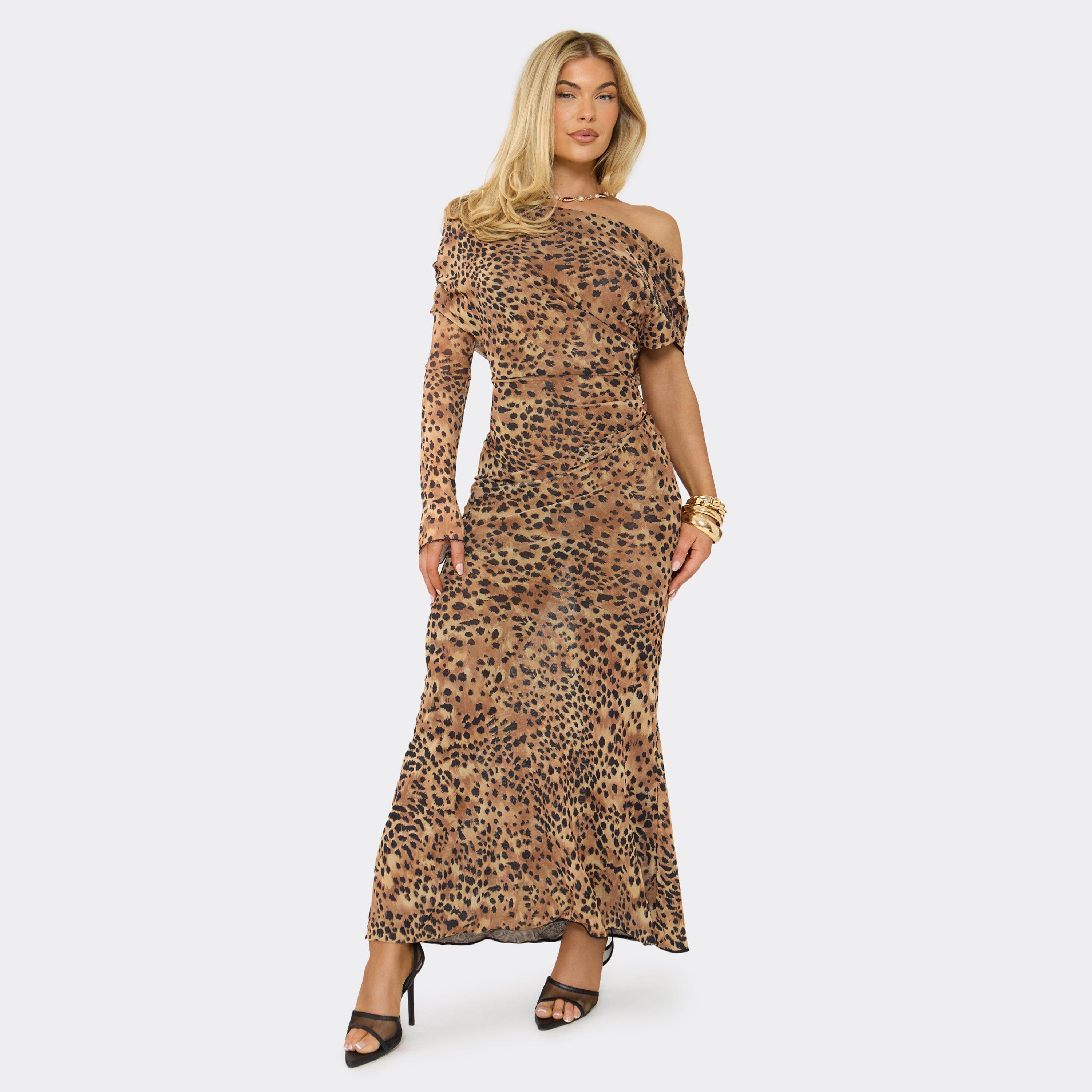 One Sleeve Off The Shoulder Cowl Back Maxi Dress In Cheetah Print Mesh, Women’s