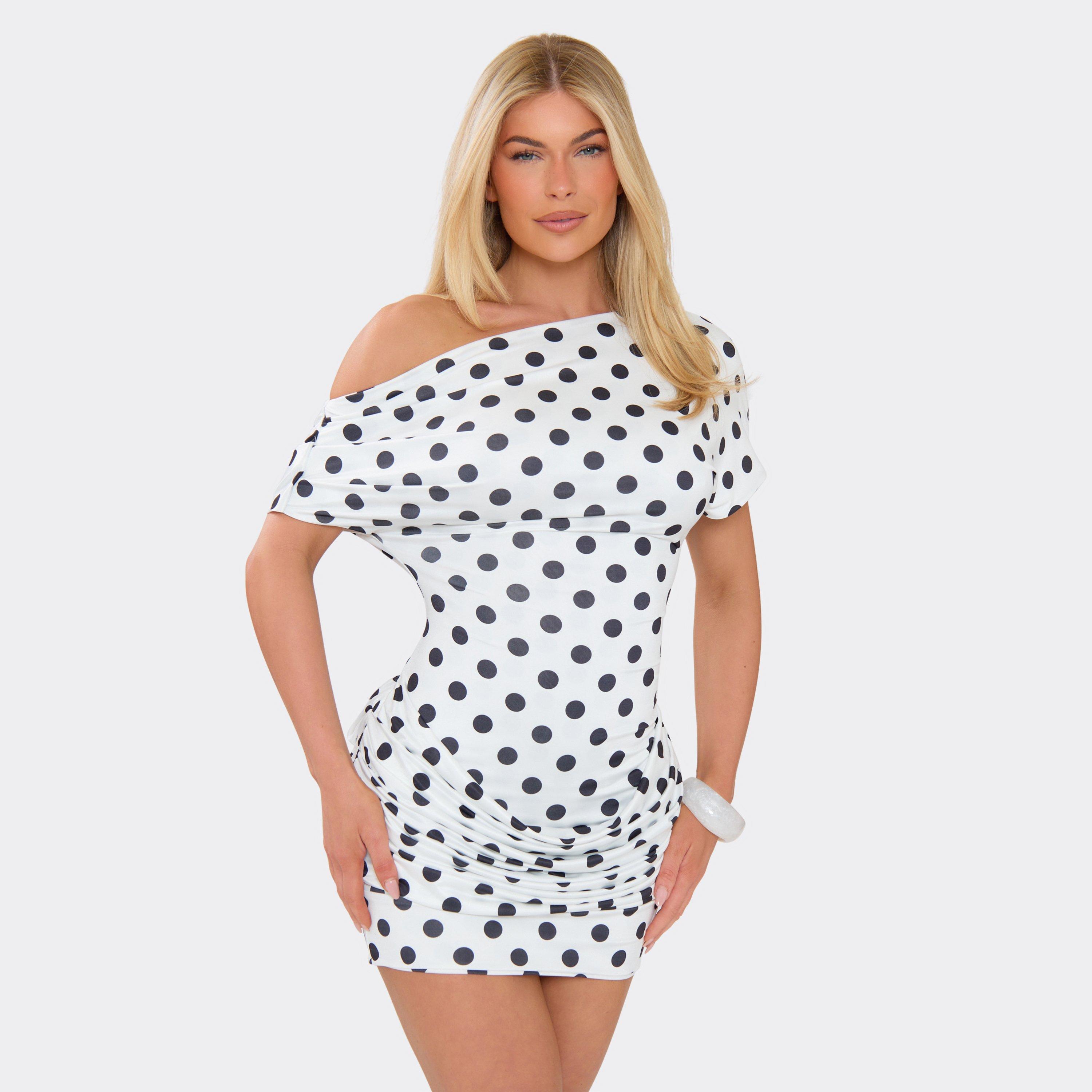 Off The Shoulder Cowl Back Draped Detail Mini Dress In White Polka Dot, Women’s