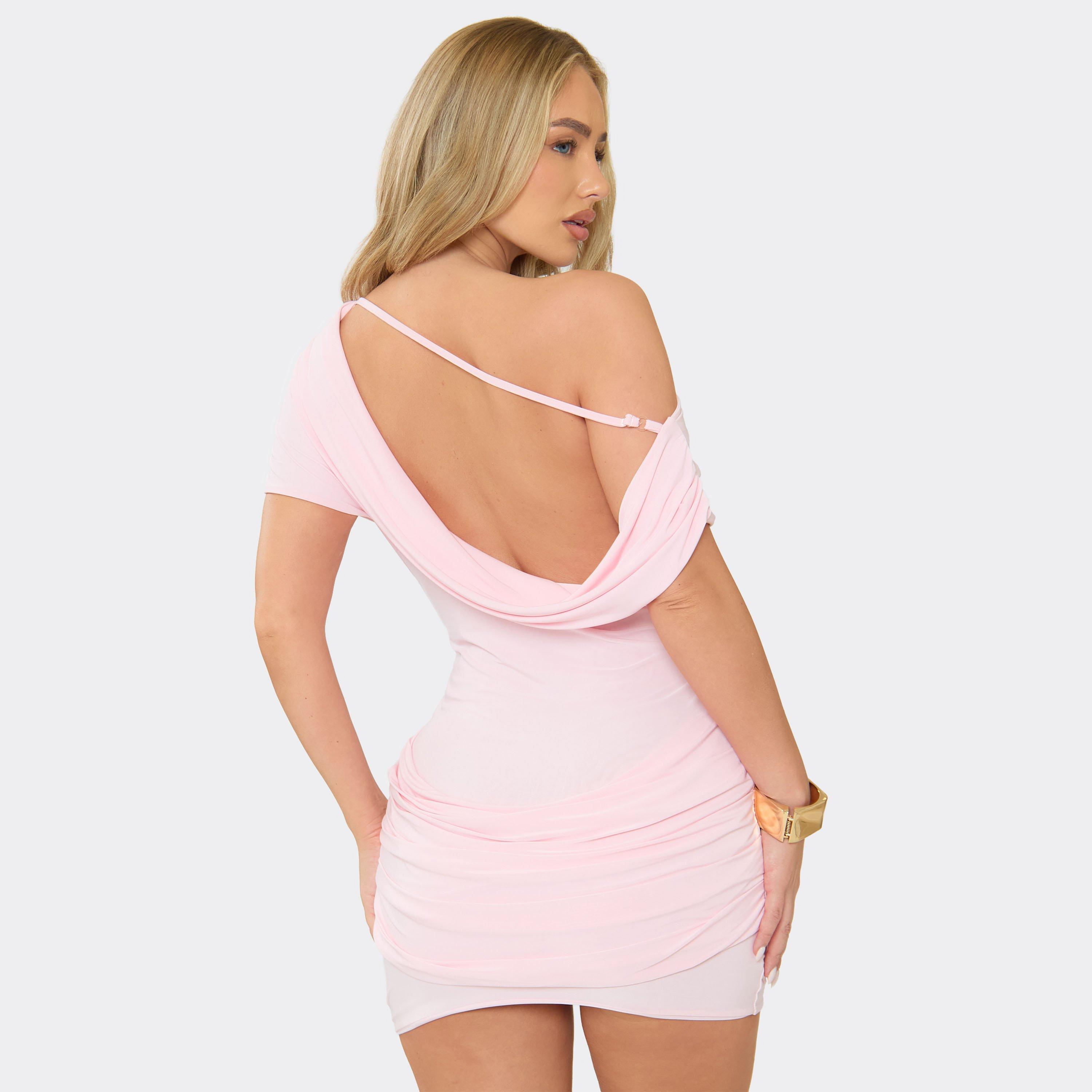 Off The Shoulder Cowl Back Draped Detail Mini Dress In Baby Pink, Women’s