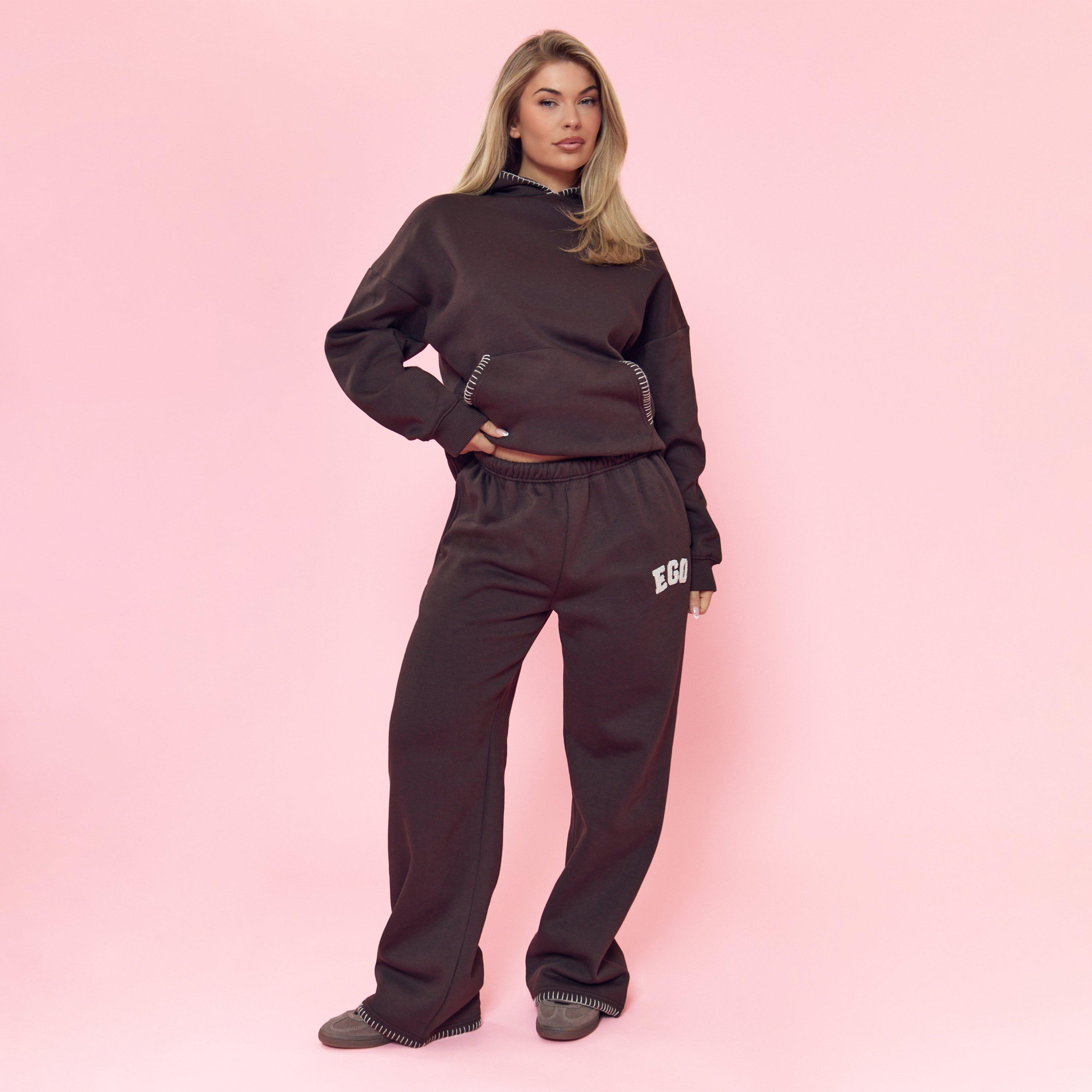 Low Rise Ego Borg Graphic Wide Leg Joggers In Chocolate Brown, Women’s