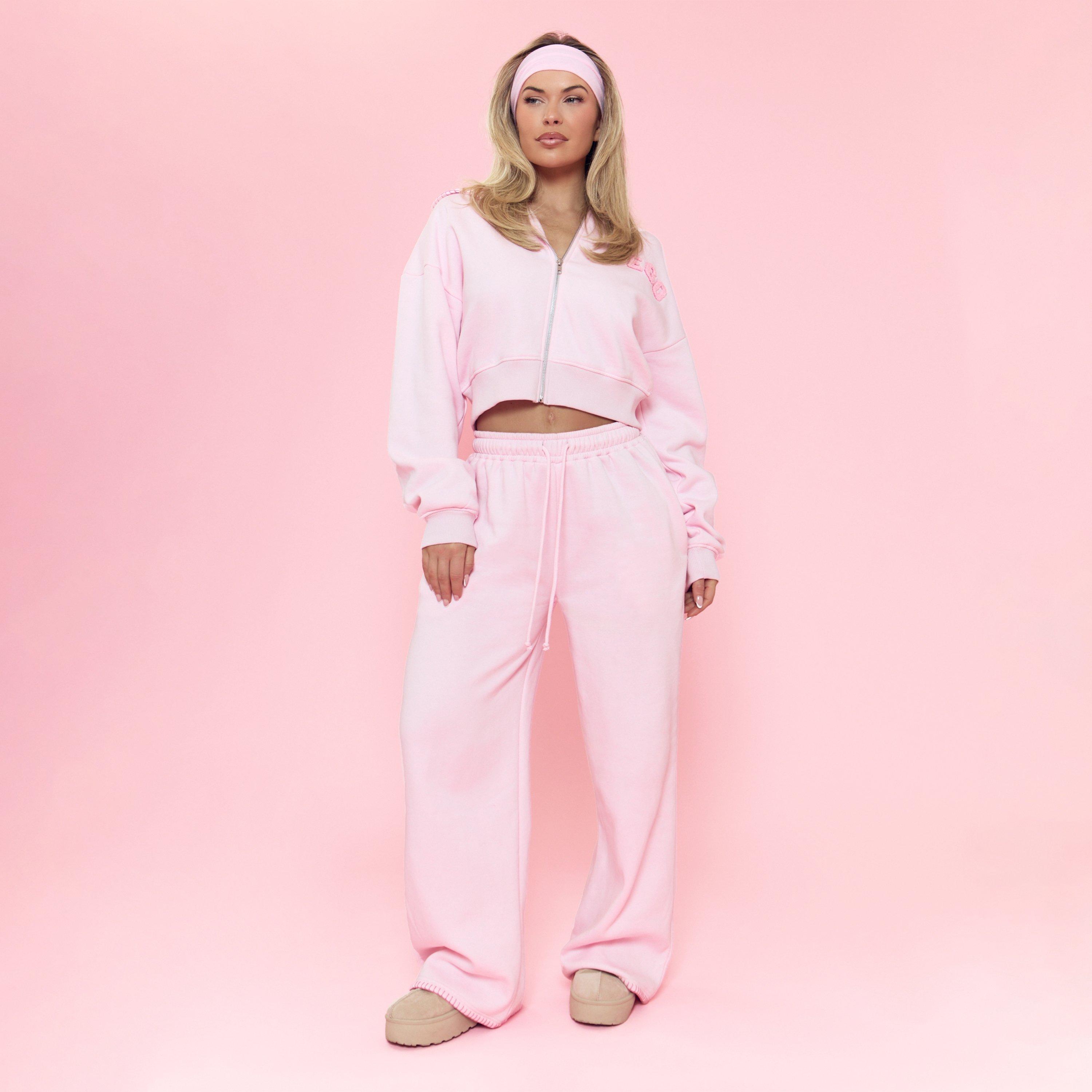 Mid Rise Drawstring Waist Contrast Stitch Hem Joggers In Baby Pink, Women's Size UK 10