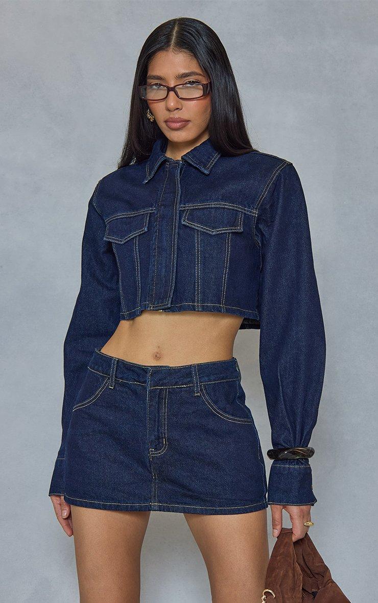 cropped jacket over fitted indigo knee length dress Everlane Cropped Denim Jacket In Garment-Dyed Indigo, Size Medium the Bobbi Jacket is a new denim jacket silhouette handcrafted in Los Angeles from non Cropped Bomber Denim Jacket In