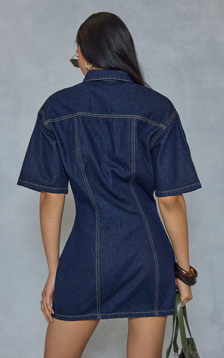 ladies short sleeve denim dress Button Up Mini Dusty Blue / M neck short sleeves hidden pockets seamed waist relaxed fit hits at thigh models are approx ONLY belted Denim Mini Dress