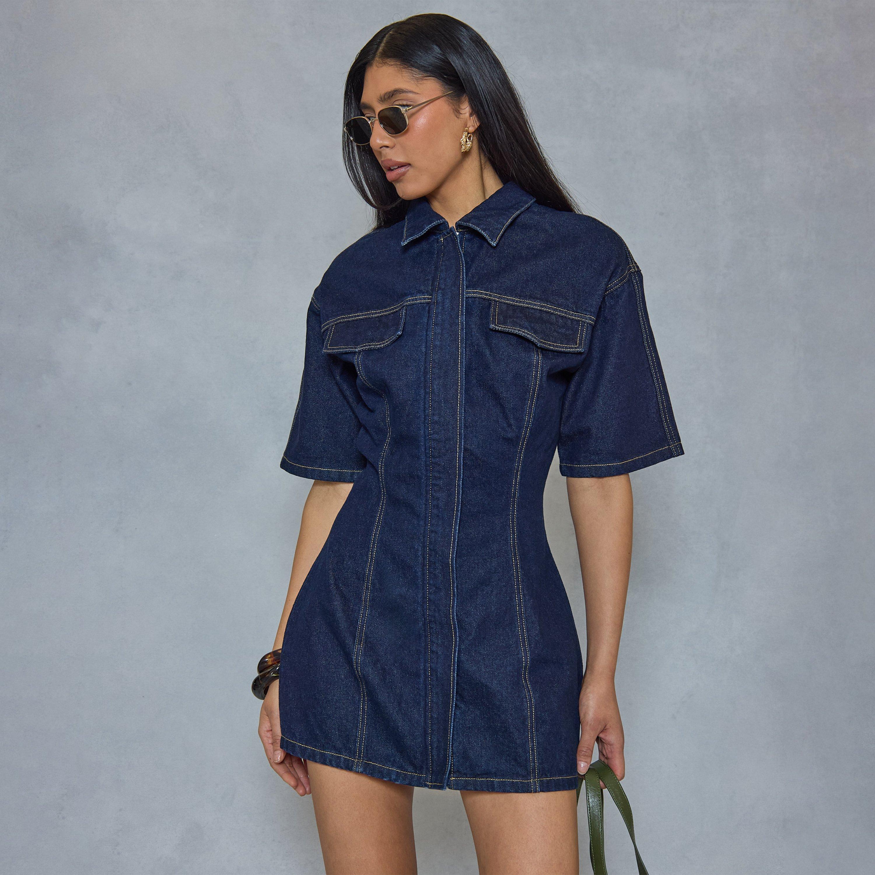 Short Sleeve Cinched Waist Seam Detail Mini Dress In Indigo Denim, Women's Size UK 12