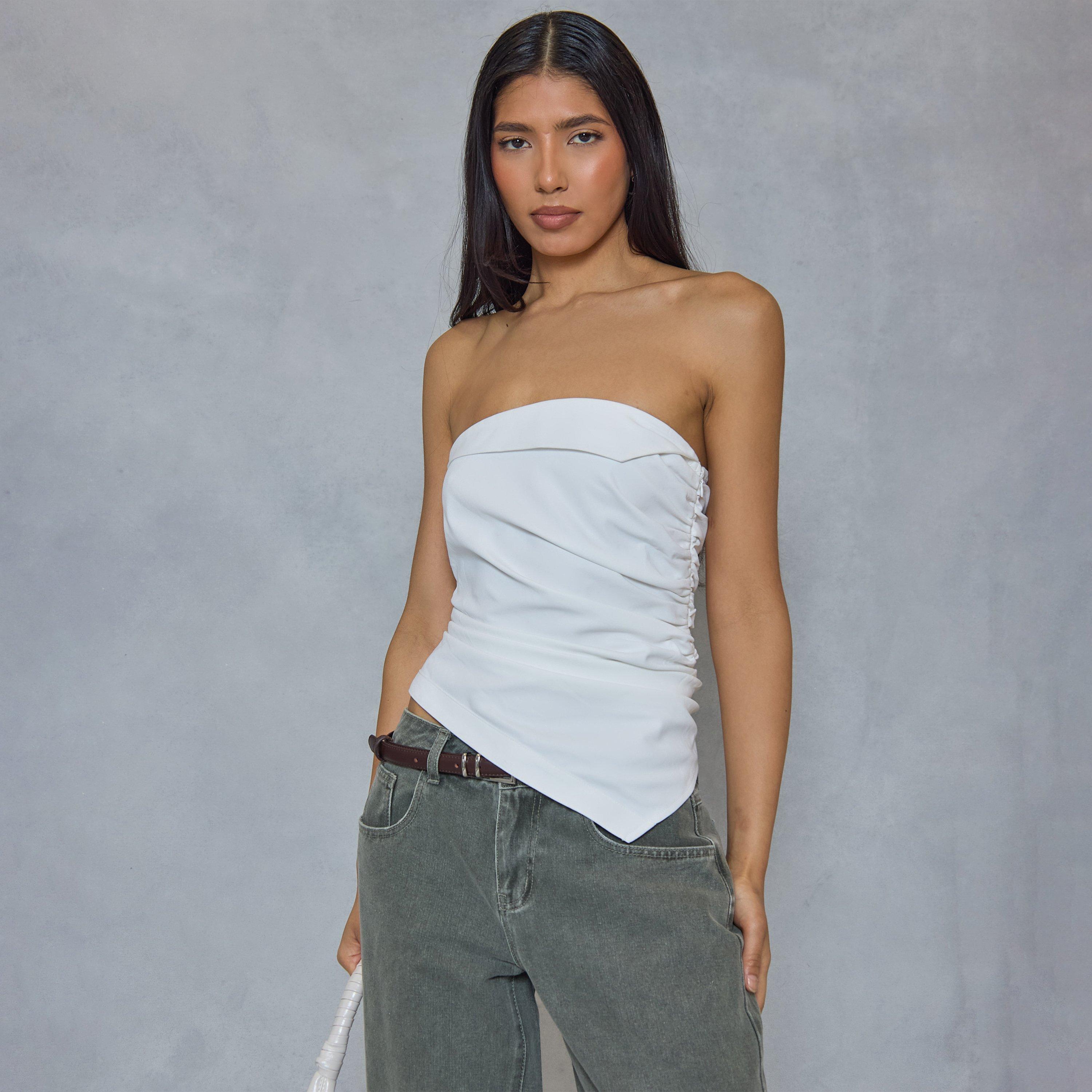 Bandeau Foldover Bust Ruched Detail Top In White, Women's Size UK 14