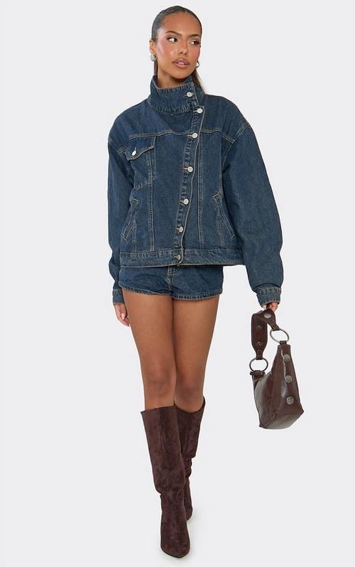High Waist Lace Up Side Detail Shorts In Dark Blue Denim | EGO US