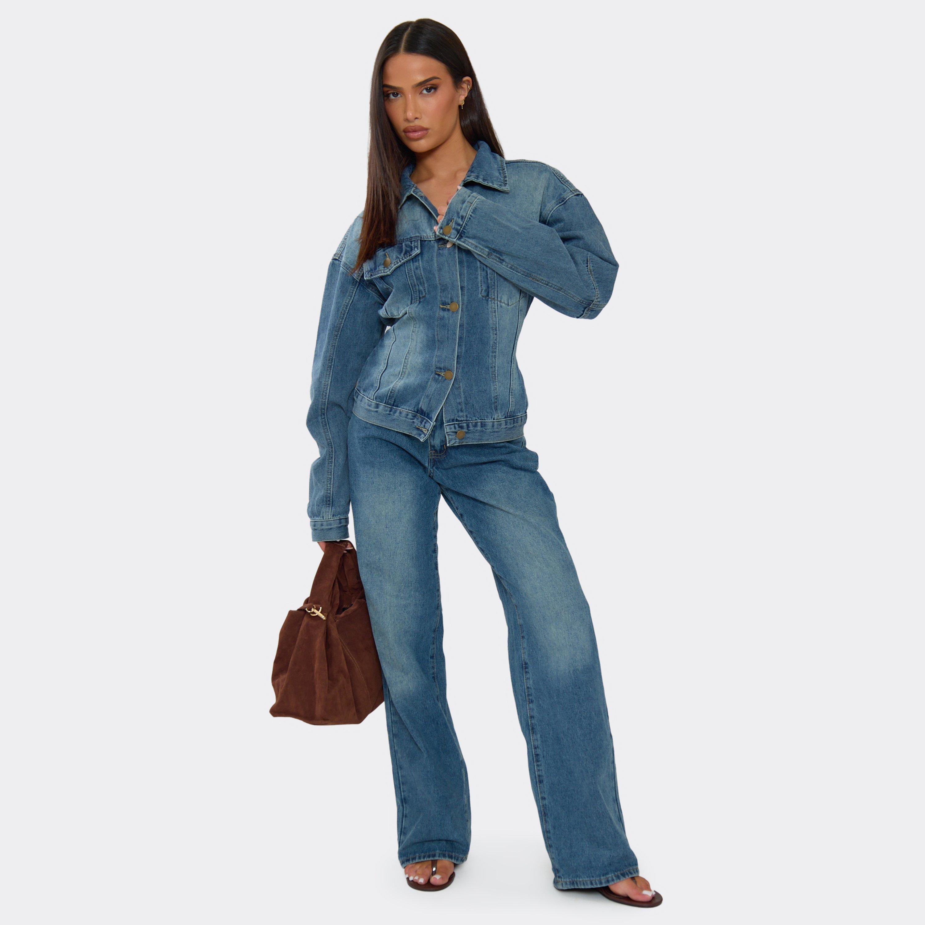 Mid Waist Straight Leg Jeans In Mid Blue Denim, Women's Size UK 6