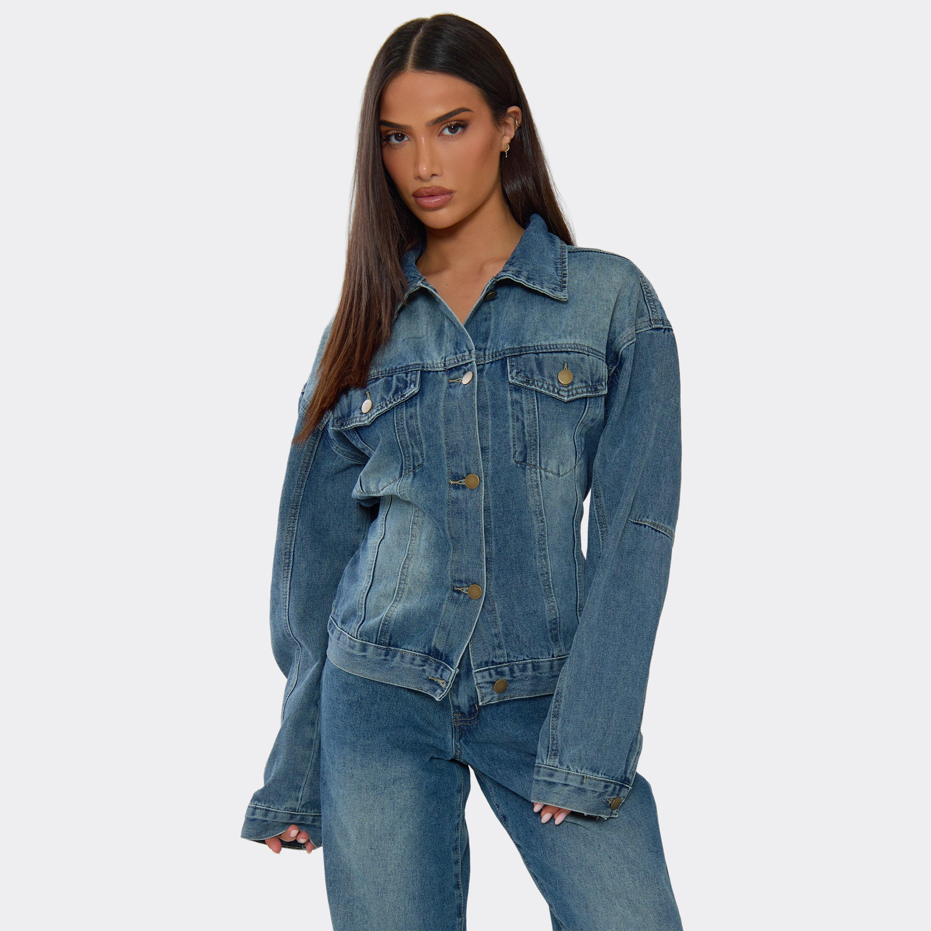 Long Sleeve Pocket Cinched Waist Detail Jacket In Mid Blue Denim, Women’s
