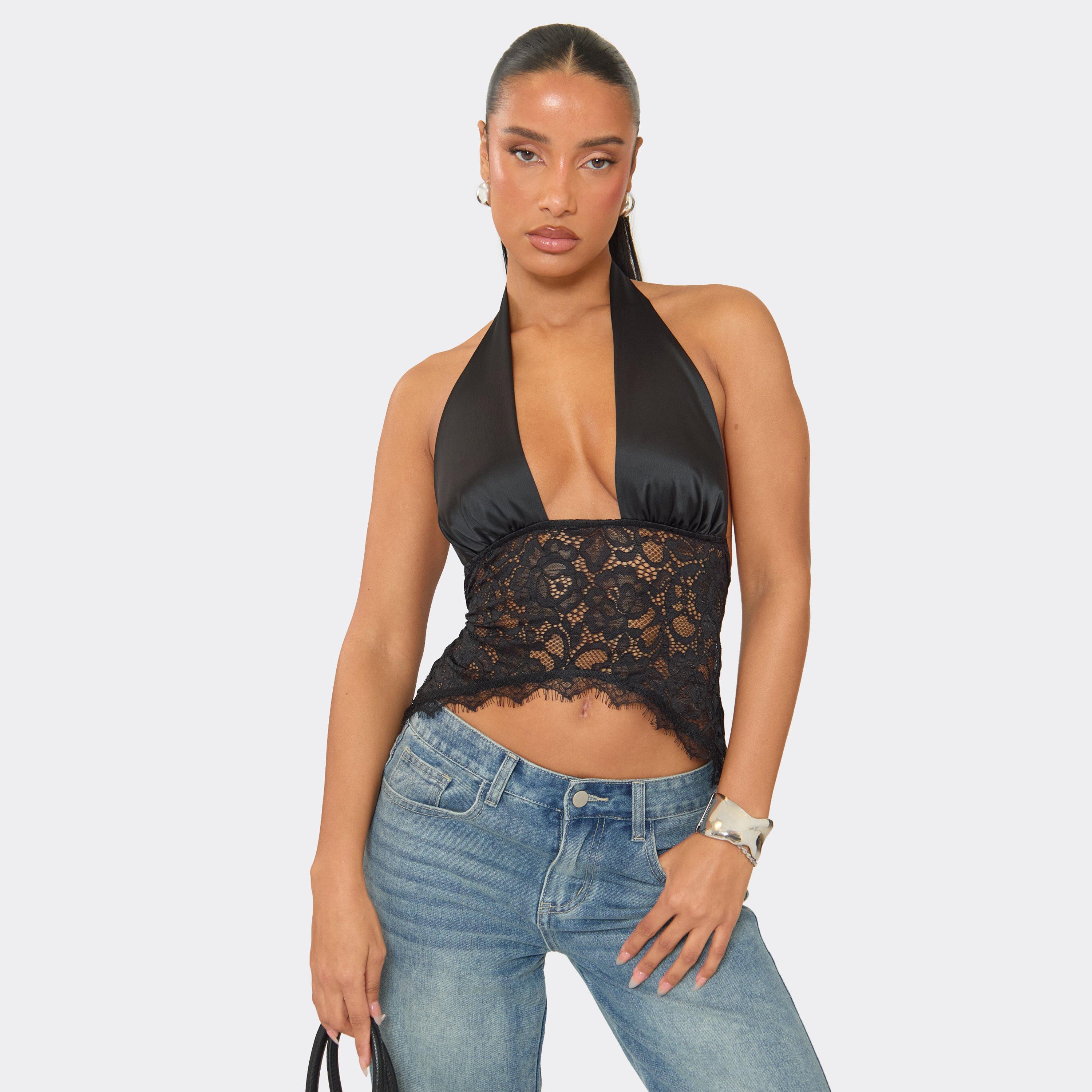 Halter Neck Lace Body Detail Top In Black Satin, Women's Size UK 6