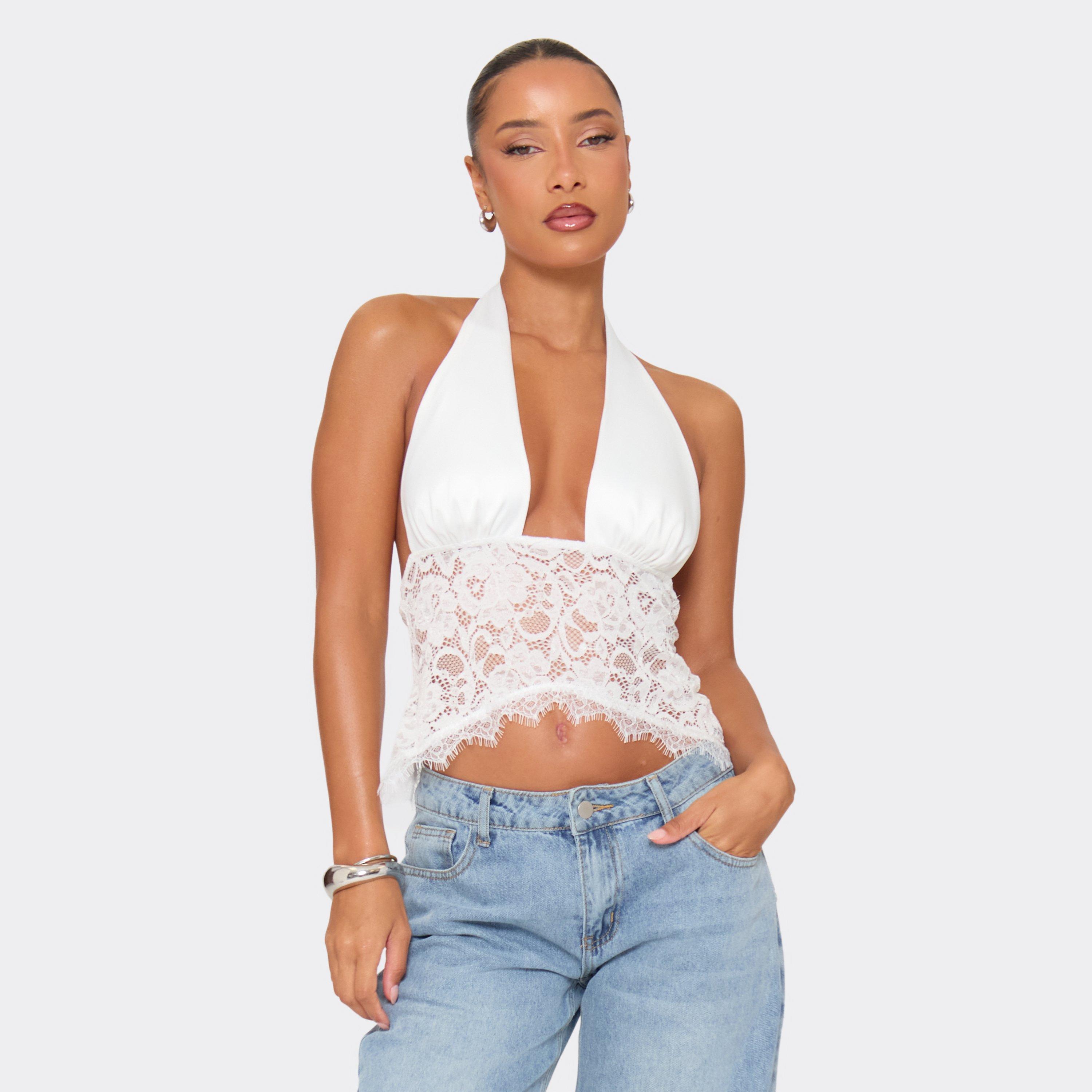 Halter Neck Lace Body Detail Top In White Satin, Women's Size UK 14