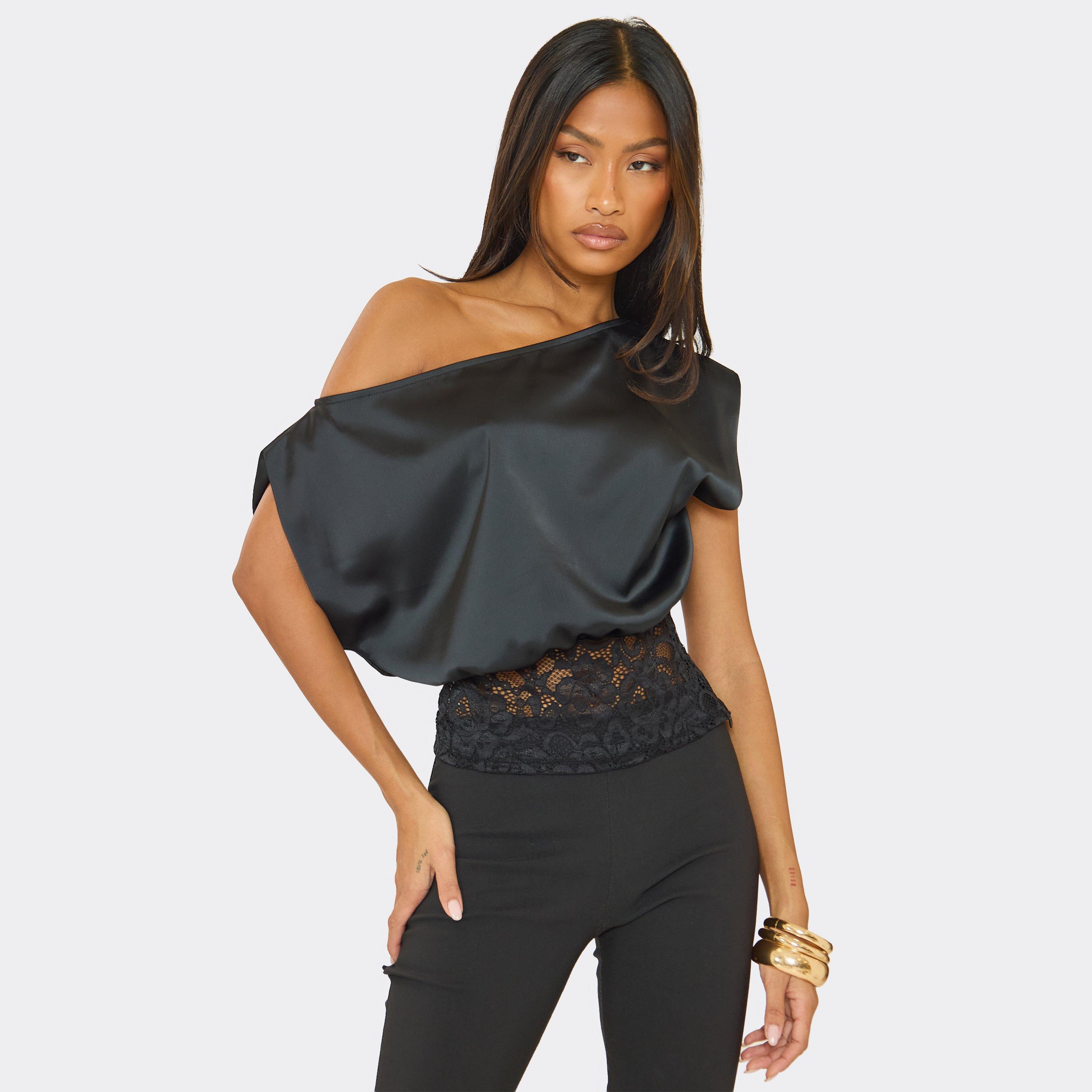 Image of Off The Shoulder Lace Hem Detail Top In Black Satin, Women's