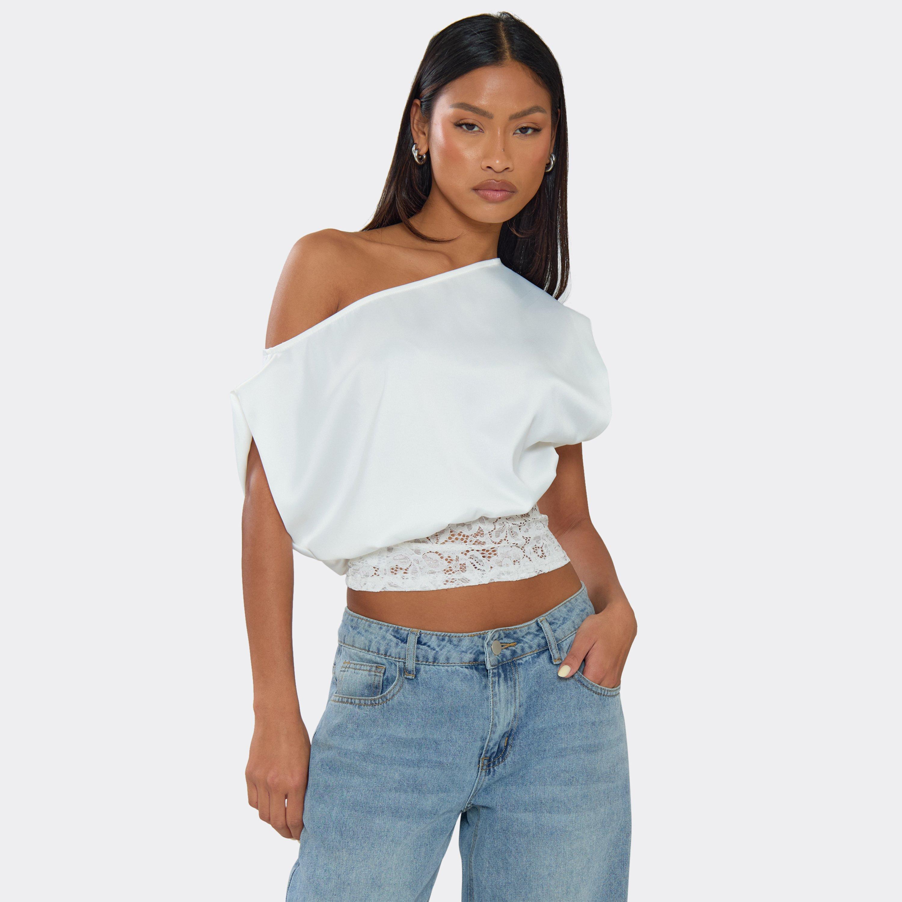 Image of Off The Shoulder Lace Hem Detail Top In White Satin, Women's