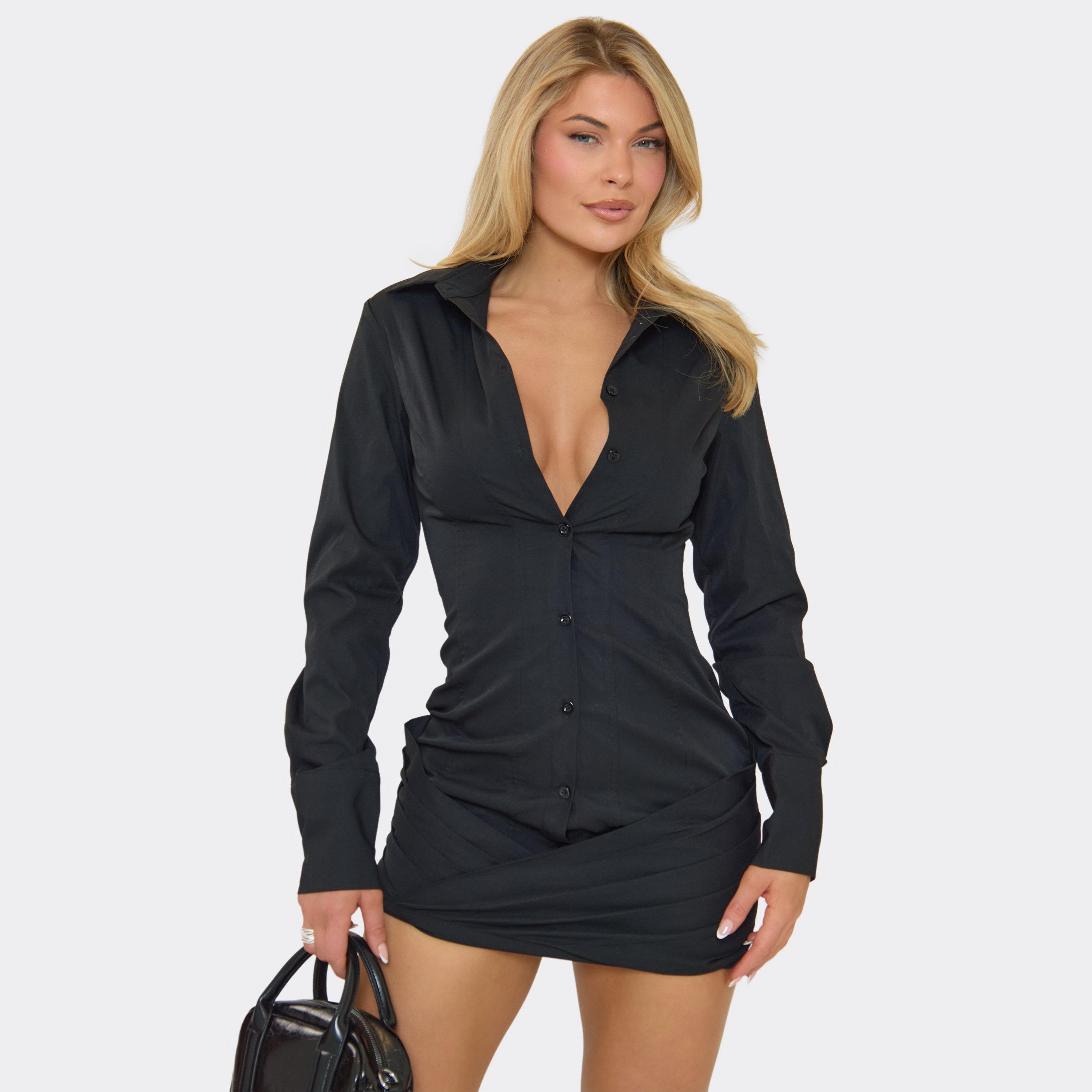 Ruched Wrap Waist Shirt Dress In Black, Women’s