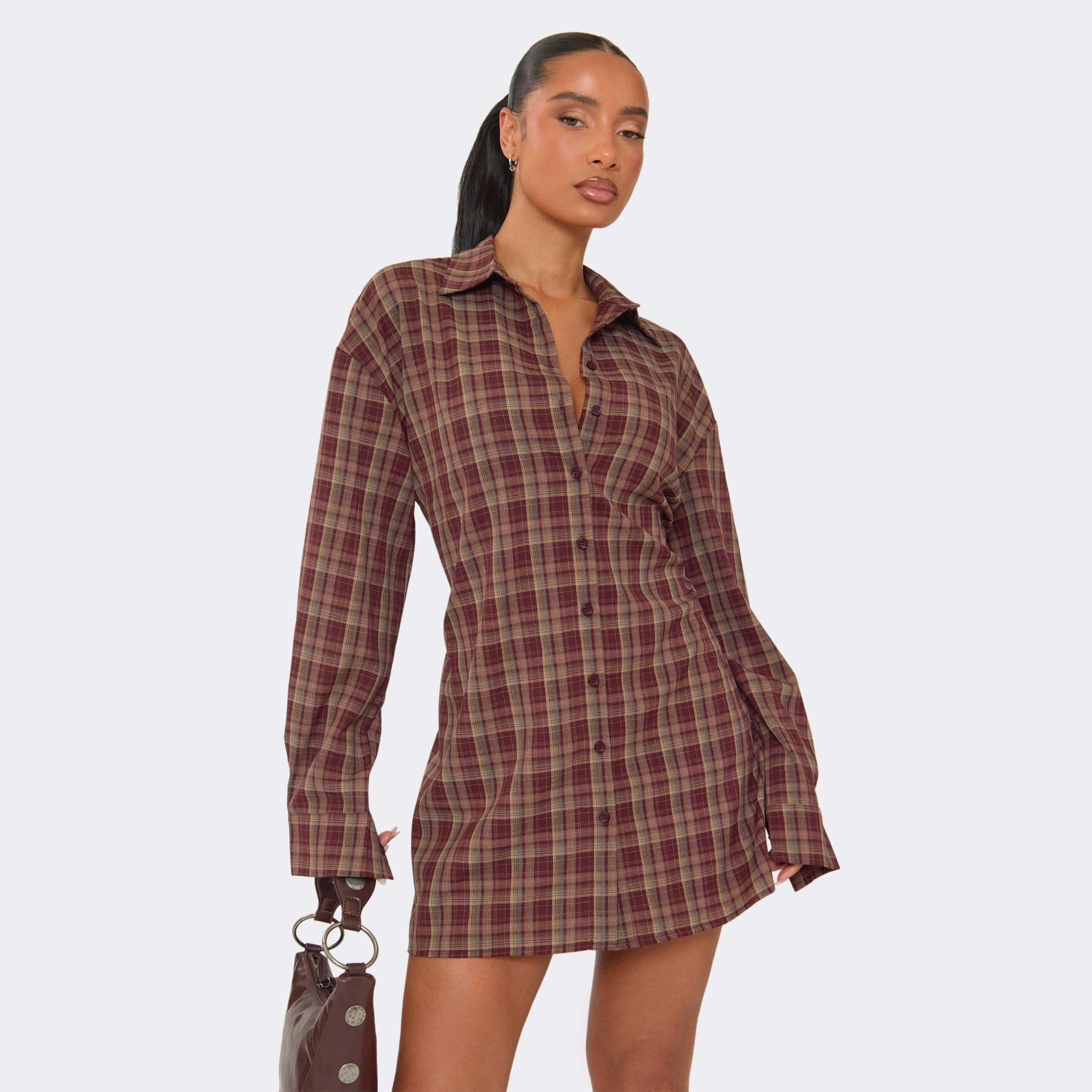 Tie Cinched Waist Shirt Dress In Brown Check, Women’s
