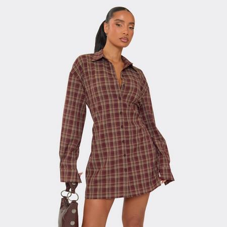 Tie Cinched Waist Shirt Dress In Brown Check, Women's Size US