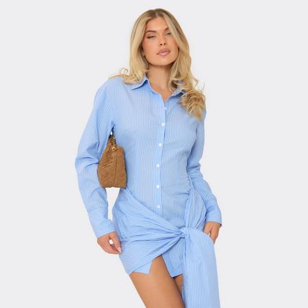 Long Sleeve Tie Drape Detail Shirt Dress In Blue Stripe, Women's Size US