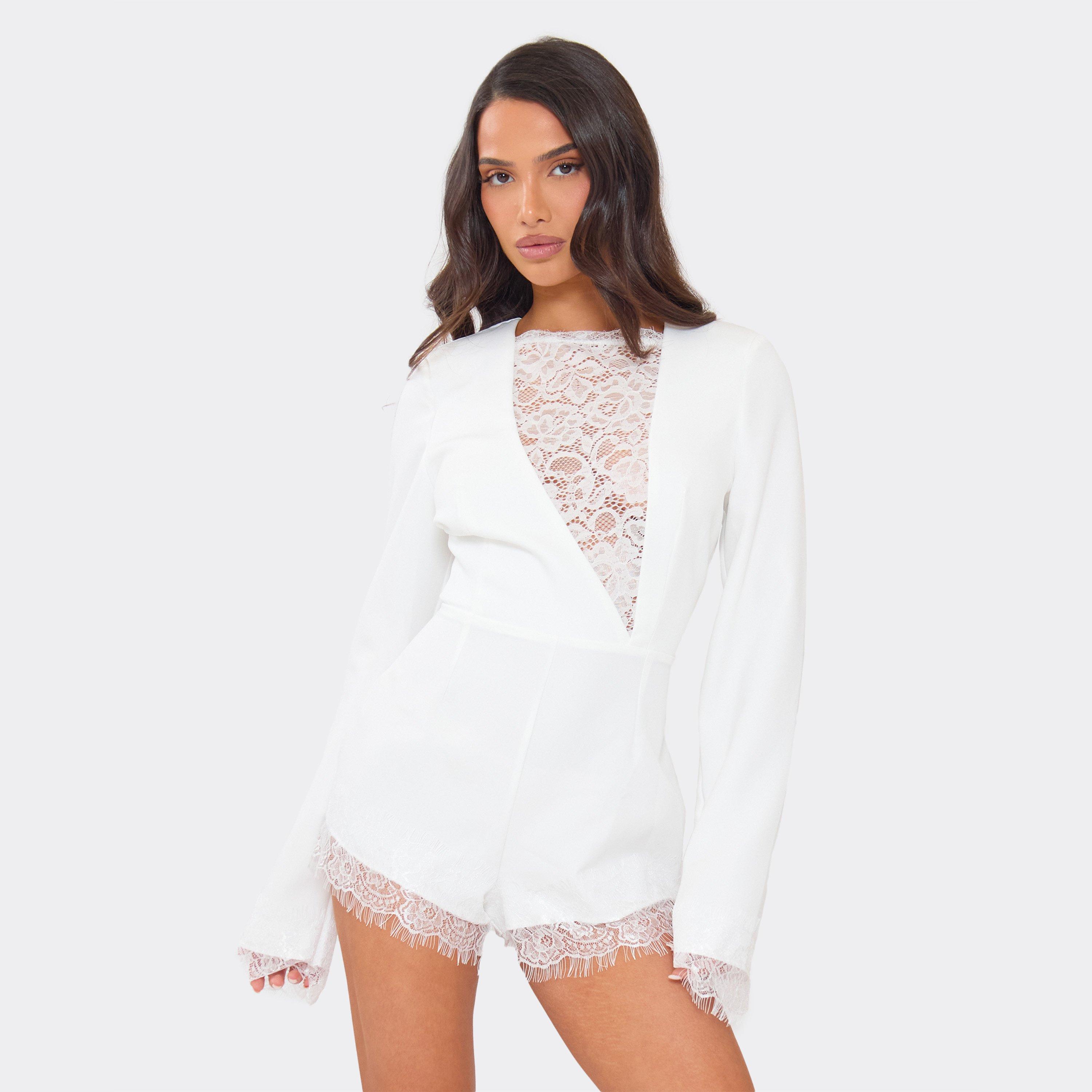 Image of Long Sleeve Plunge Lace Panel Detail Tailored Playsuit In White, Women's