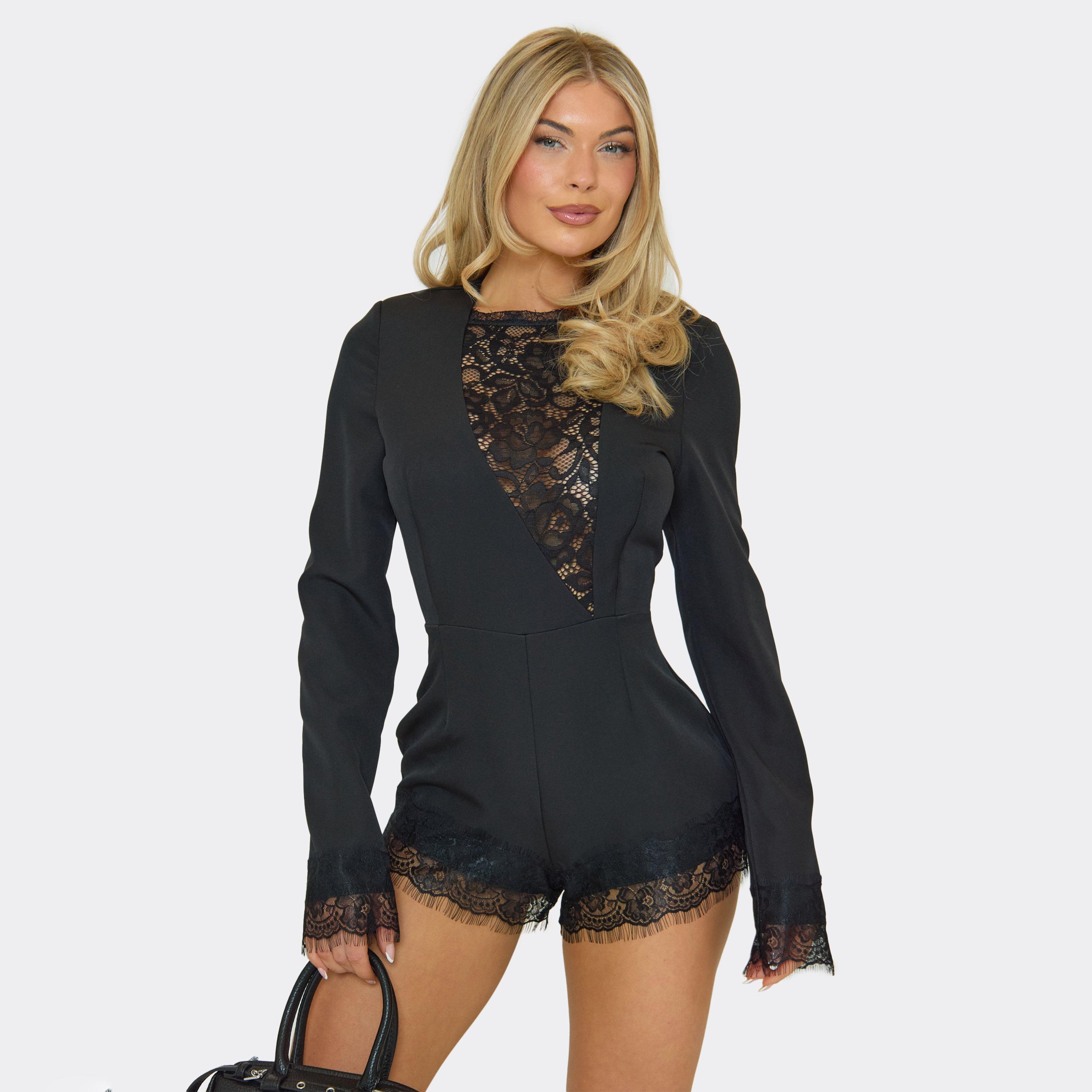 Long Sleeve Plunge Lace Panel Detail Tailored Playsuit In Black, Women's Size UK 8
