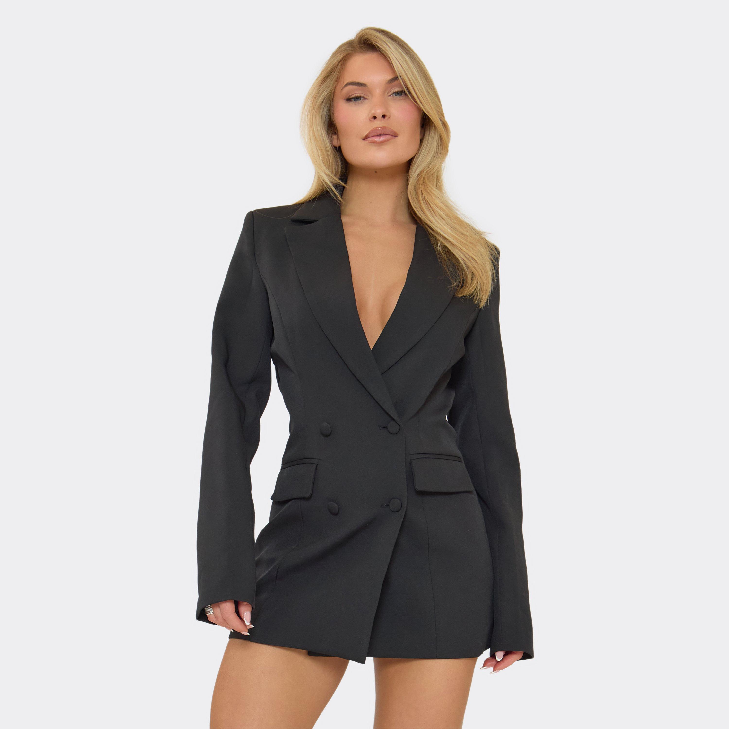 Tailored Plunge Cinched Waist Blazer Dress In Black, Women’s