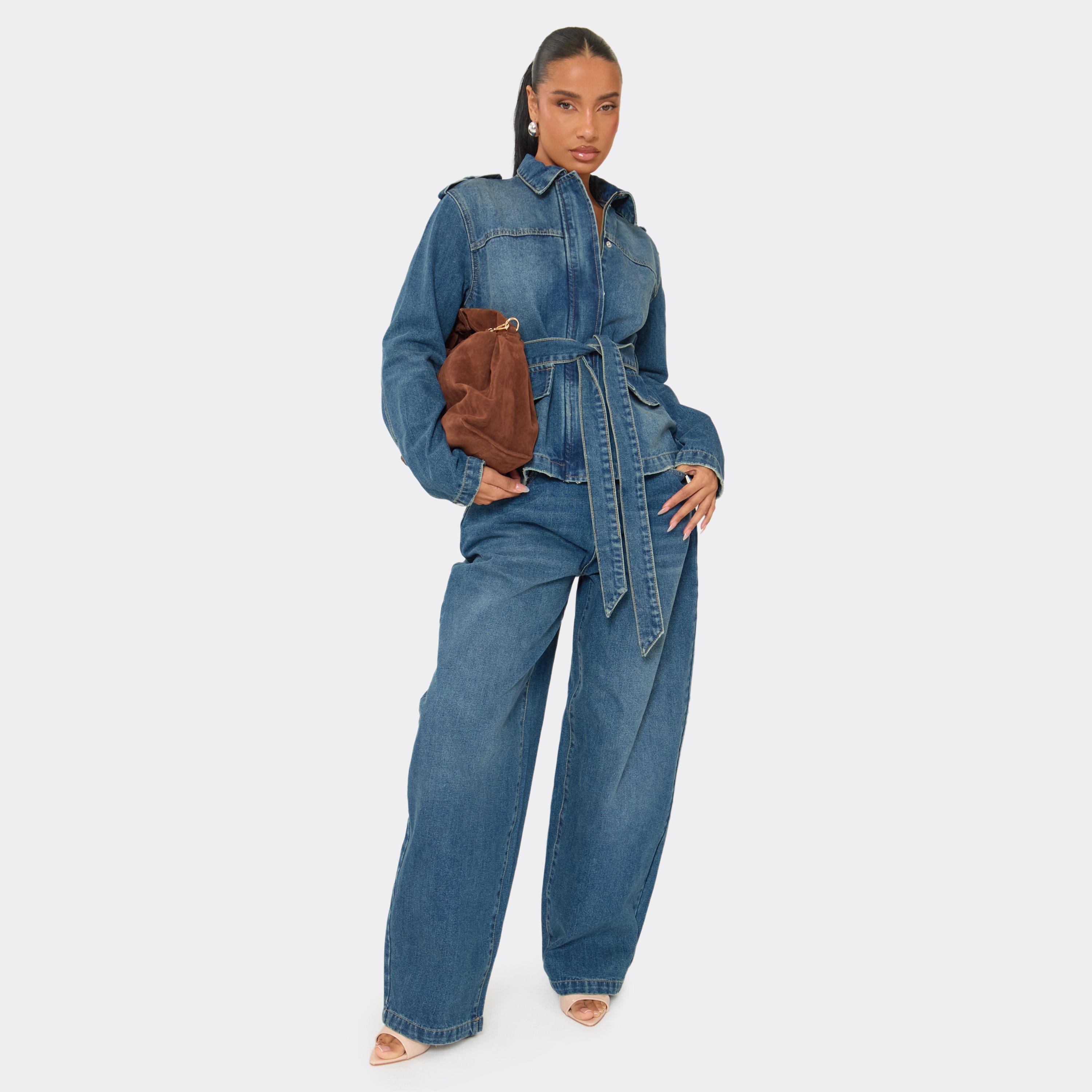 Mid Rise Barrel Leg Jeans In Mid Blue Denim, Women's Size UK 8